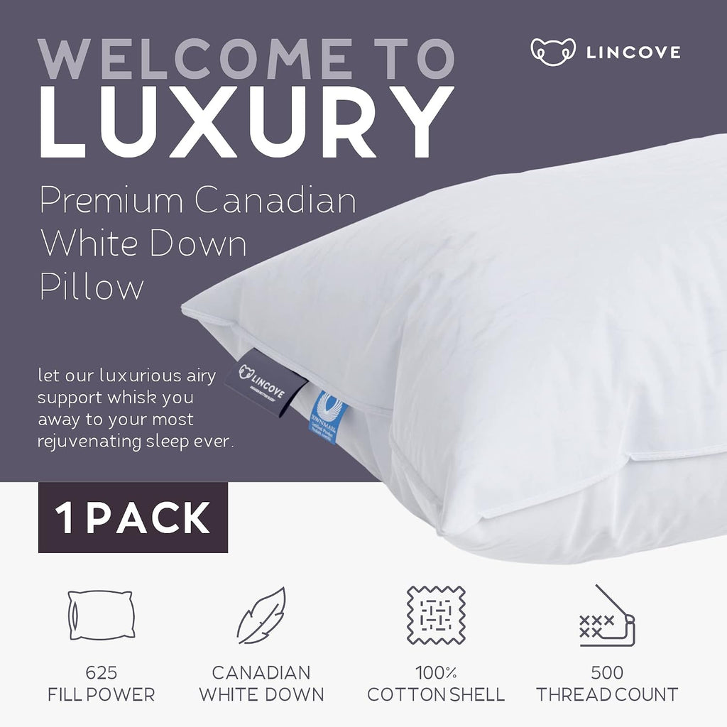 Lincove Cloud Natural Canadian Down Pillow, White Luxury Sleeping Pillow - 625 Fill Power, 500 Thread Count Cotton Shell, Made in Canada…