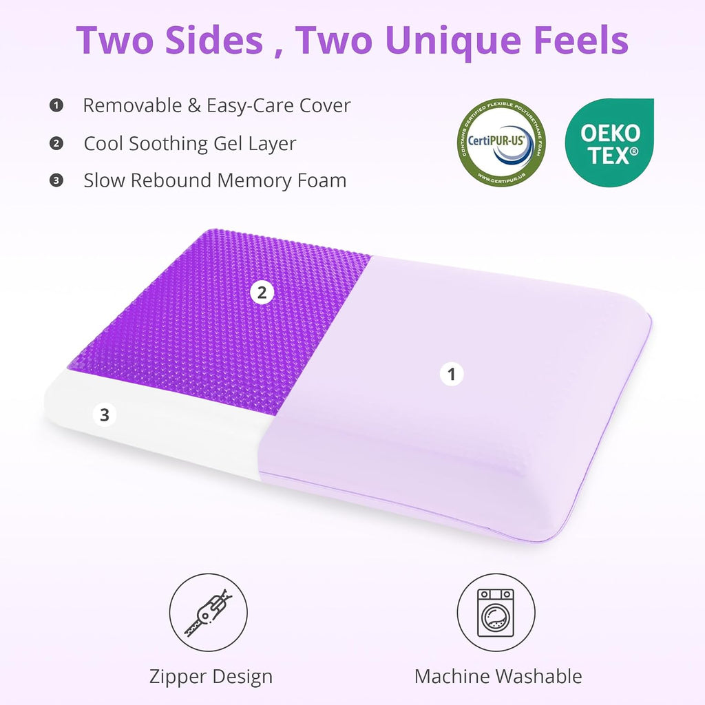 Gelsea Cooling Gel Memory Foam Pillow - Reversible Design, Neck Support for Side, Back, Stomach Sleepers, Standard Size, Removable & Machin…