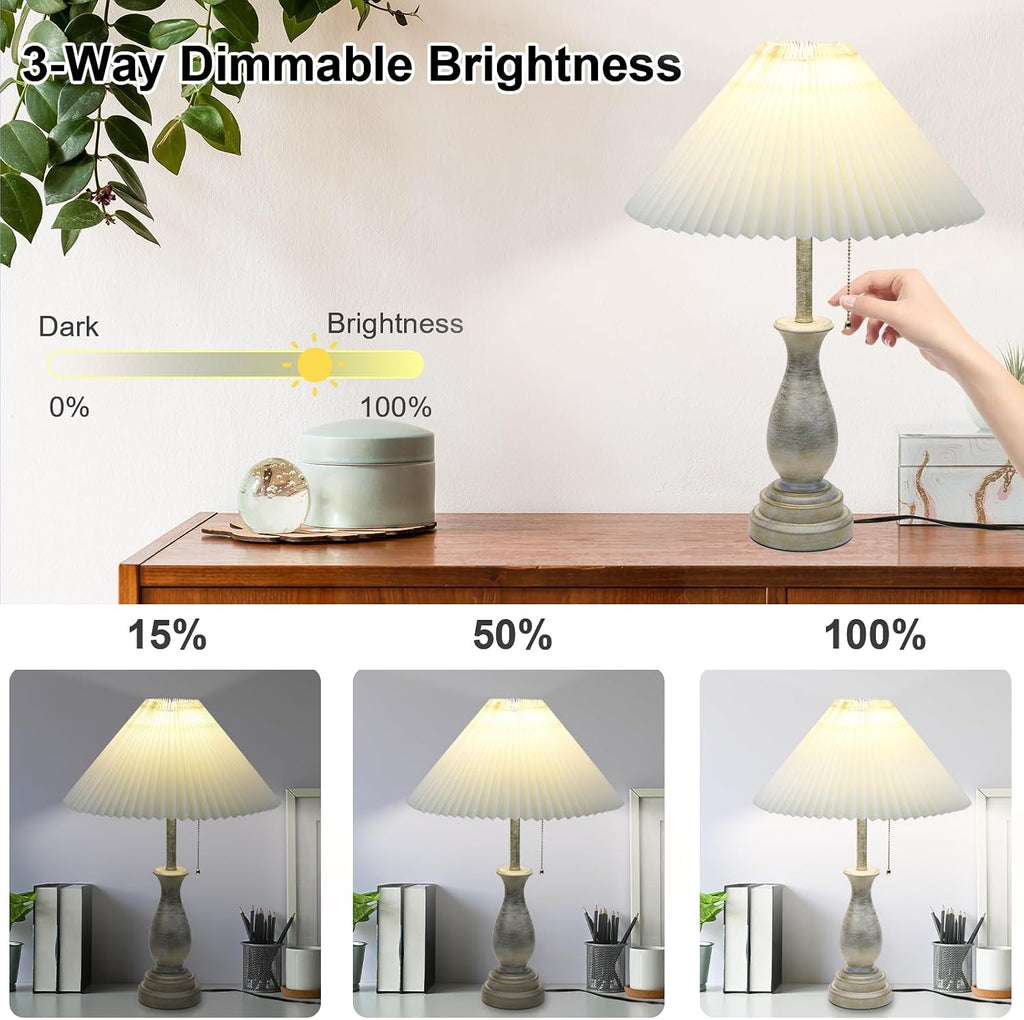 Farmhouse Table Lamp with Pull Chain Switch Control 3-Way Dimmable Table Lamp, Modern Nightstand Lamp Bedside Desk Lamp with Fabric Shade…
