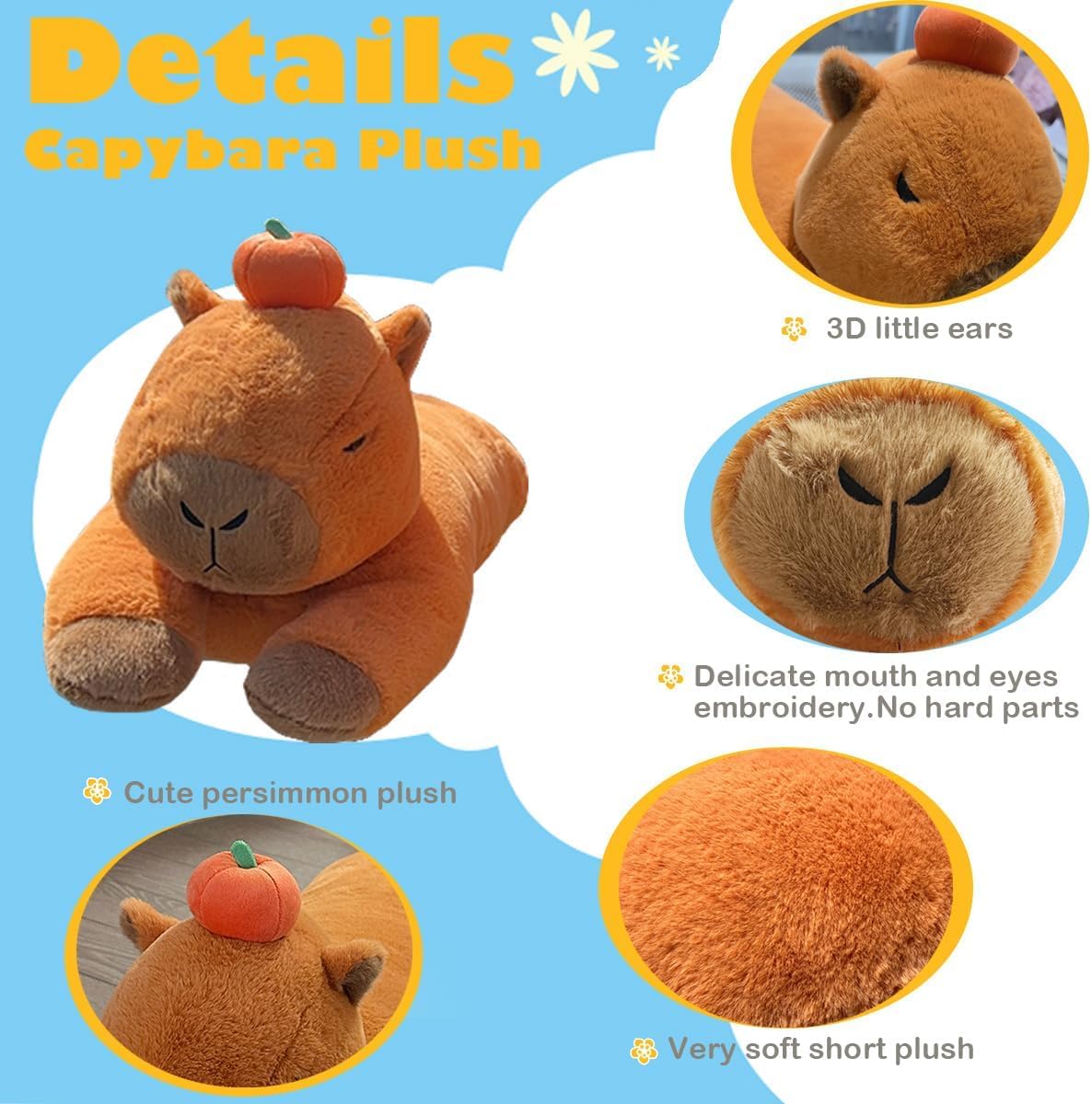 Capybara Plush Pillow, Capybara Stuffed Animal with Persimmon Plush, Capybara Plush Long Body Pillow (35 inch)