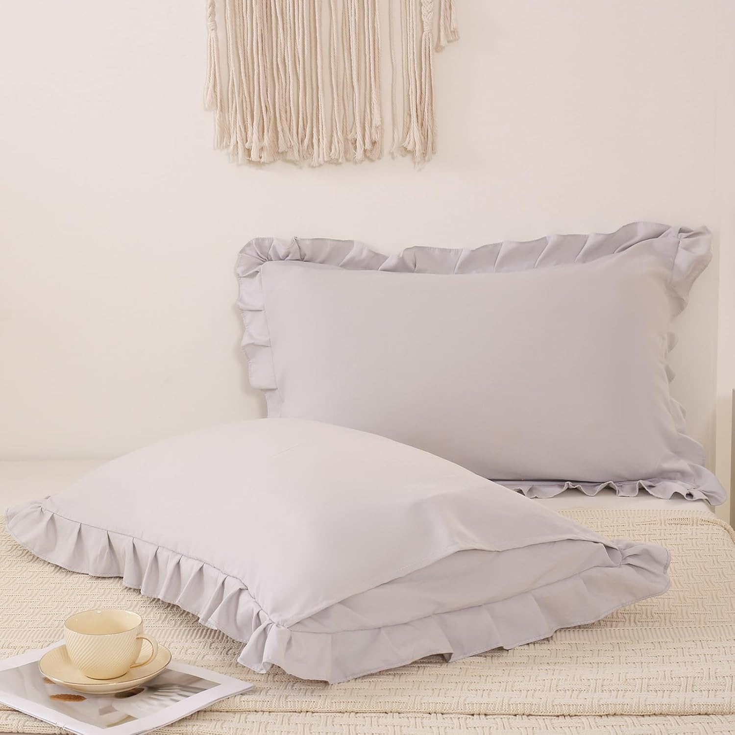 Merryword Beige Gray Pillow Shams Cute Ruffle Queen Pillowcases Solid Pillow Cover Set of 2 Shabby Chic Soft Light Gray Pillowcases 2 Pack…