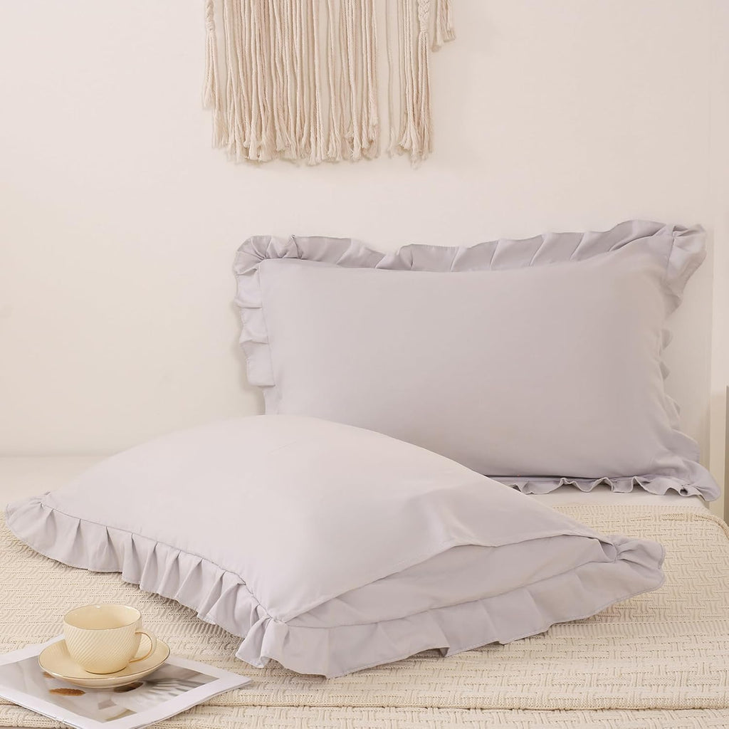 Merryword Beige Gray Pillowcases King Pillowcases Ruffled Pillow Shams Set of 2 Cute Pillowcases Solid Ruffled Fringe Design Light Gray Sha…