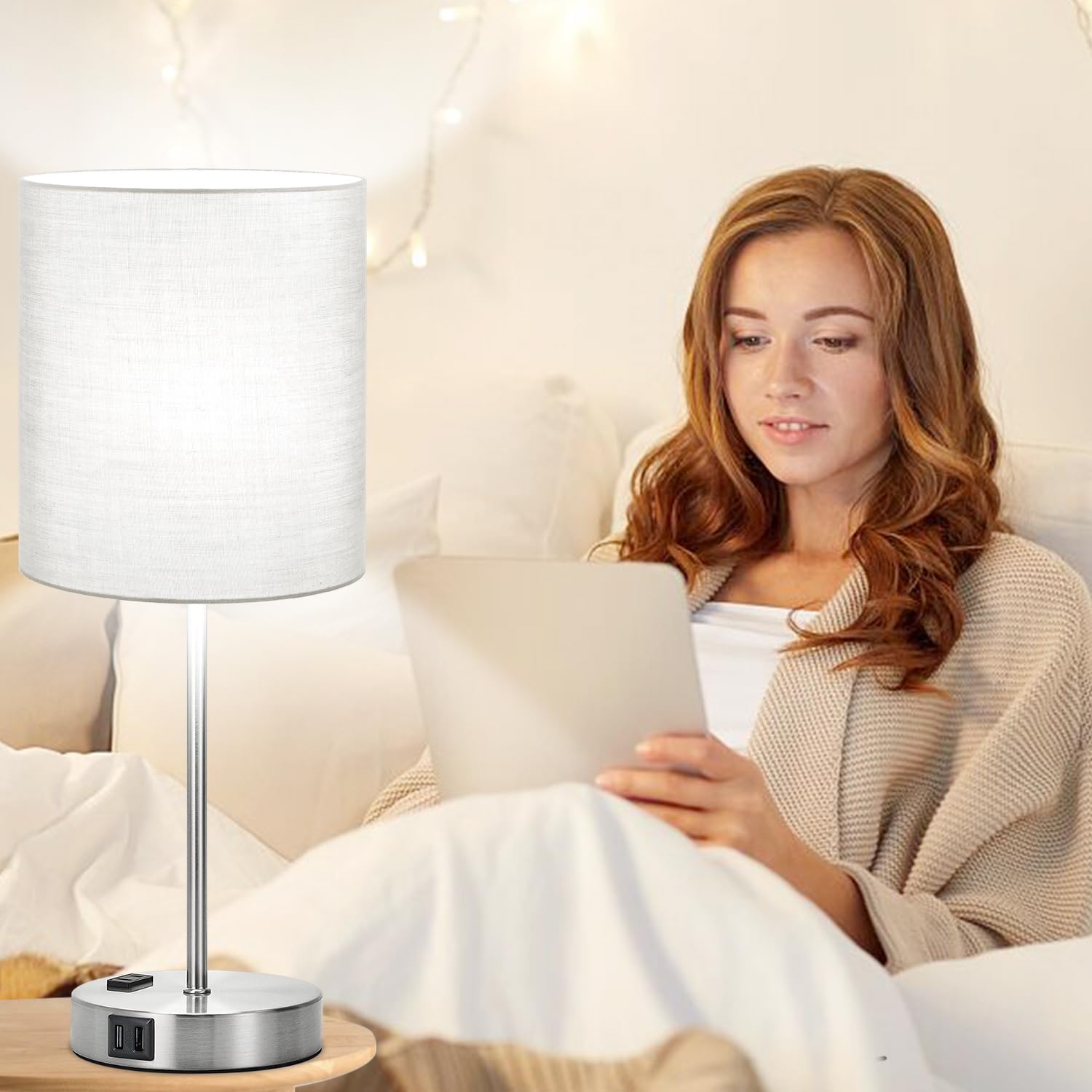 Set of 2 Grey Touch Control Table Lamps with 2 USB Ports & AC Outlet, 3-Way Dimmable Bedside Nightstand Lamps, Desk Lamp for Bedroom…