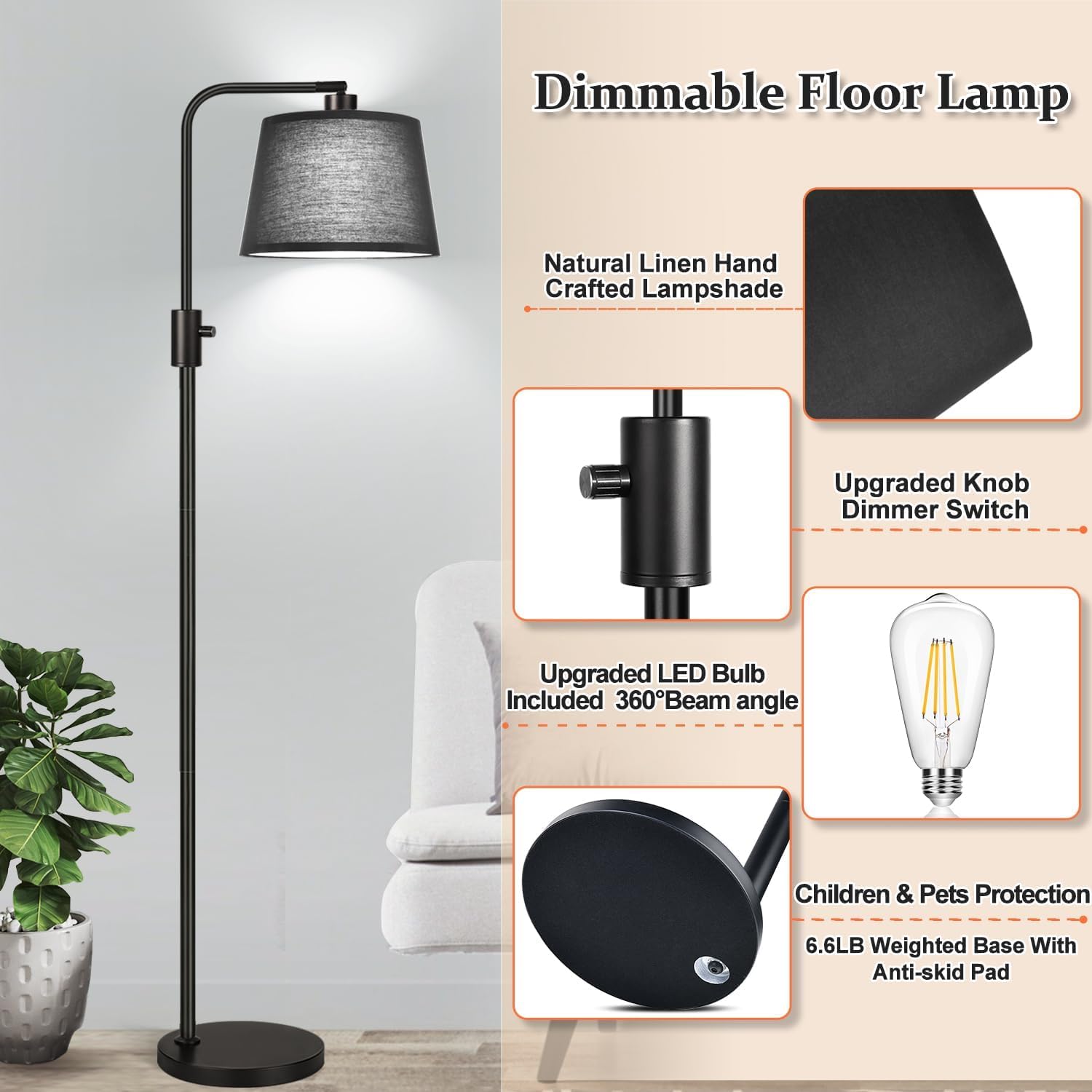 Nintiue [Upgraded] Dimmable Floor Lamp, 1000 Lumens LED Edison Bulb Included, Black Shade, Modern Arc Standing Tall Floor Lamp for Living…
