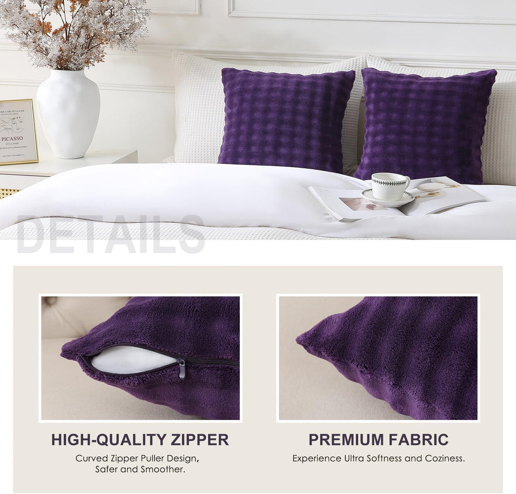 Sochow Decorative Throw Pillow Covers 18x18 Inches Set of 2, Soft Bubble Fleece Pillowcase Square Cushion Covers for Sofa Couch Bed, Auberg…