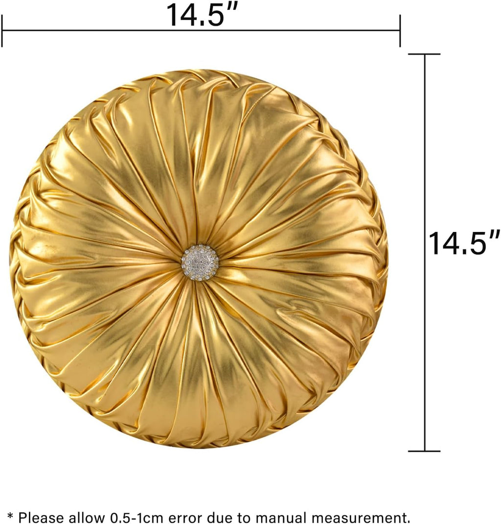 HIG Set of 2 Handcrafted Gold Ruched Round Throw Pillows – 14.5’’ Metallic Leather Decorative Pillows with Soft Polyester Filling for…