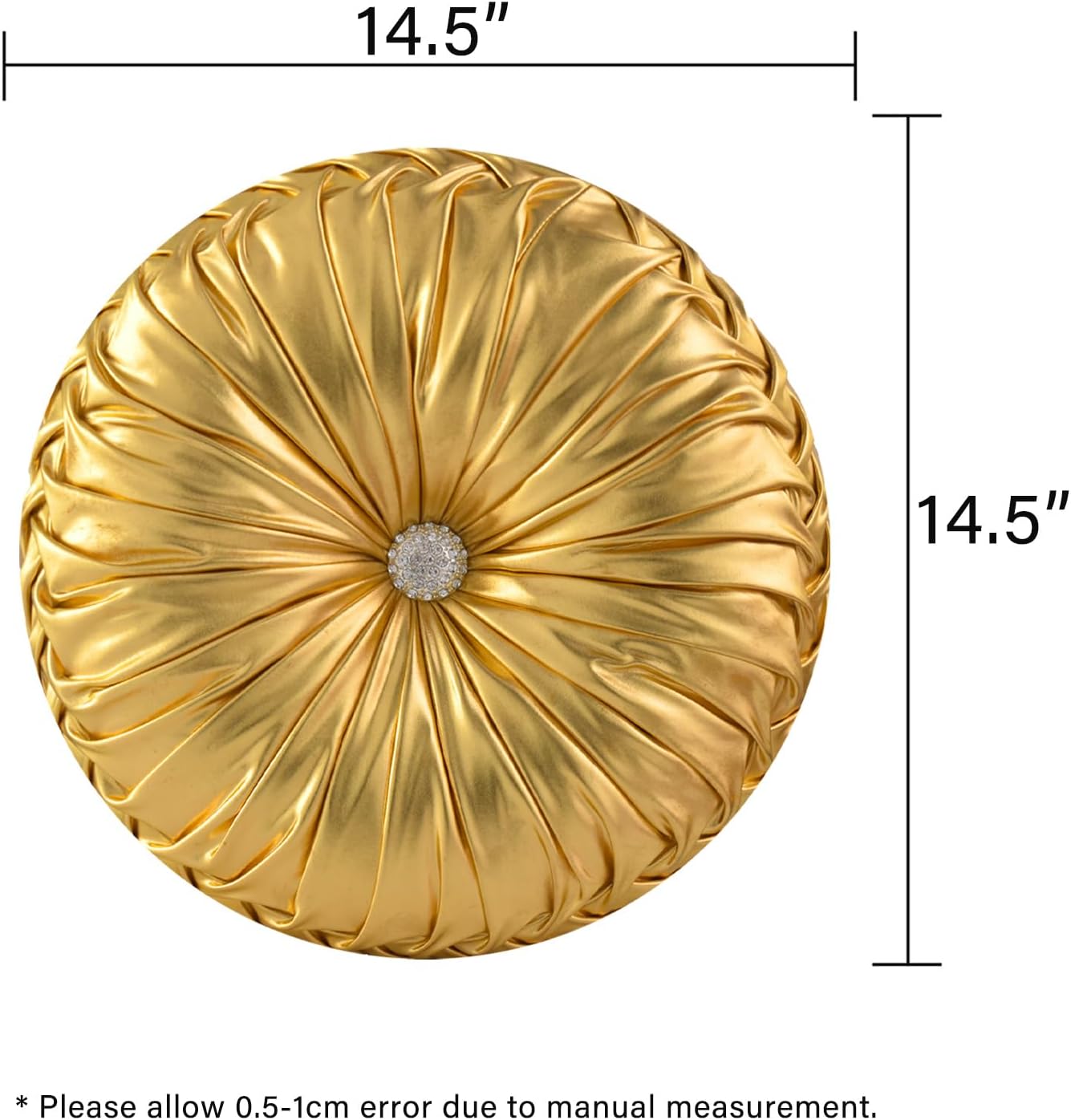 HIG Set of 2 Handcrafted Gold Ruched Round Throw Pillows – 14.5’’ Metallic Leather Decorative Pillows with Soft Polyester Filling for…