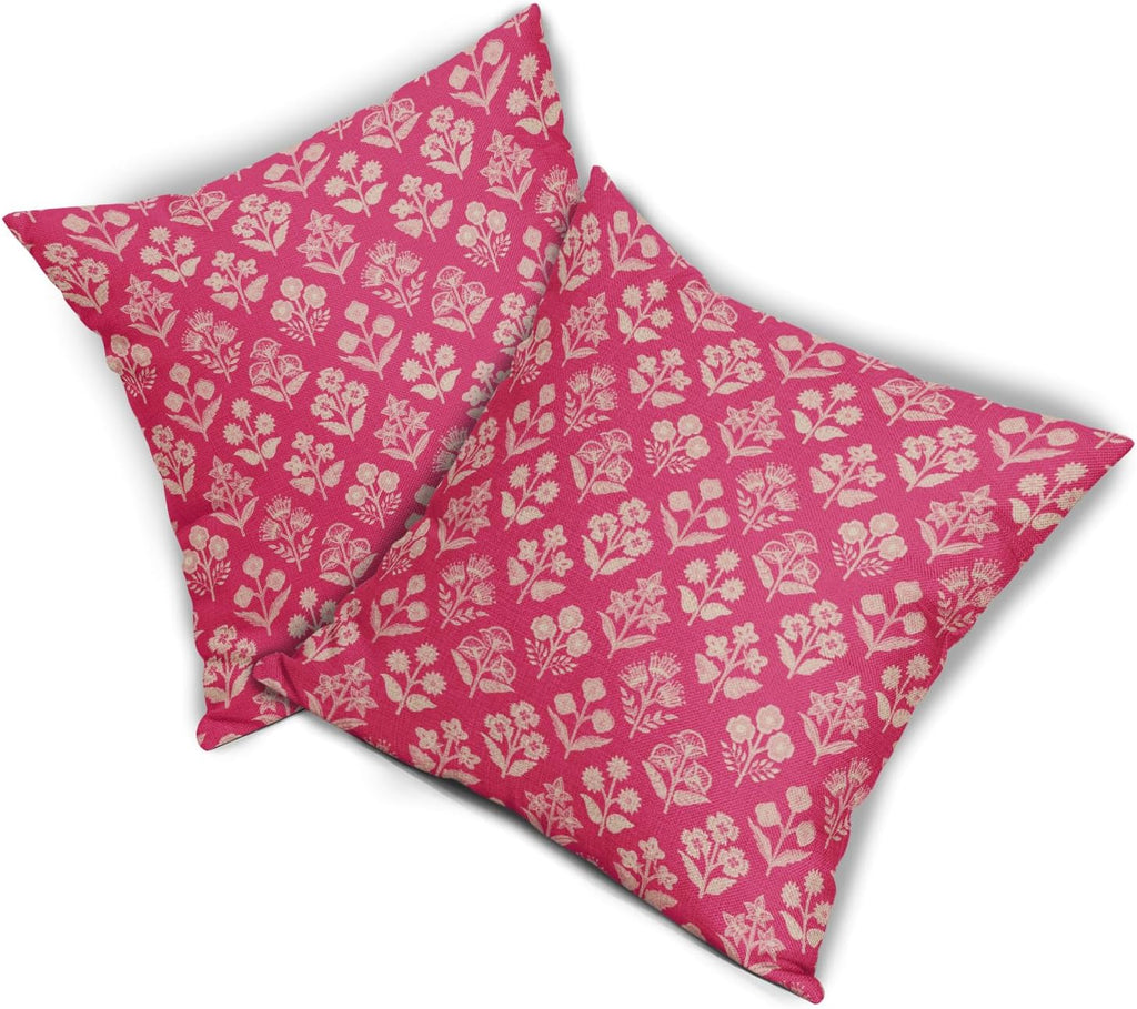 Hot Pink Floral Block Print Pillow Covers 18x18 Inch Set of 2, Vintage Flower Pattern Decorative Throw Pillowcases Outdoor Farmhouse…