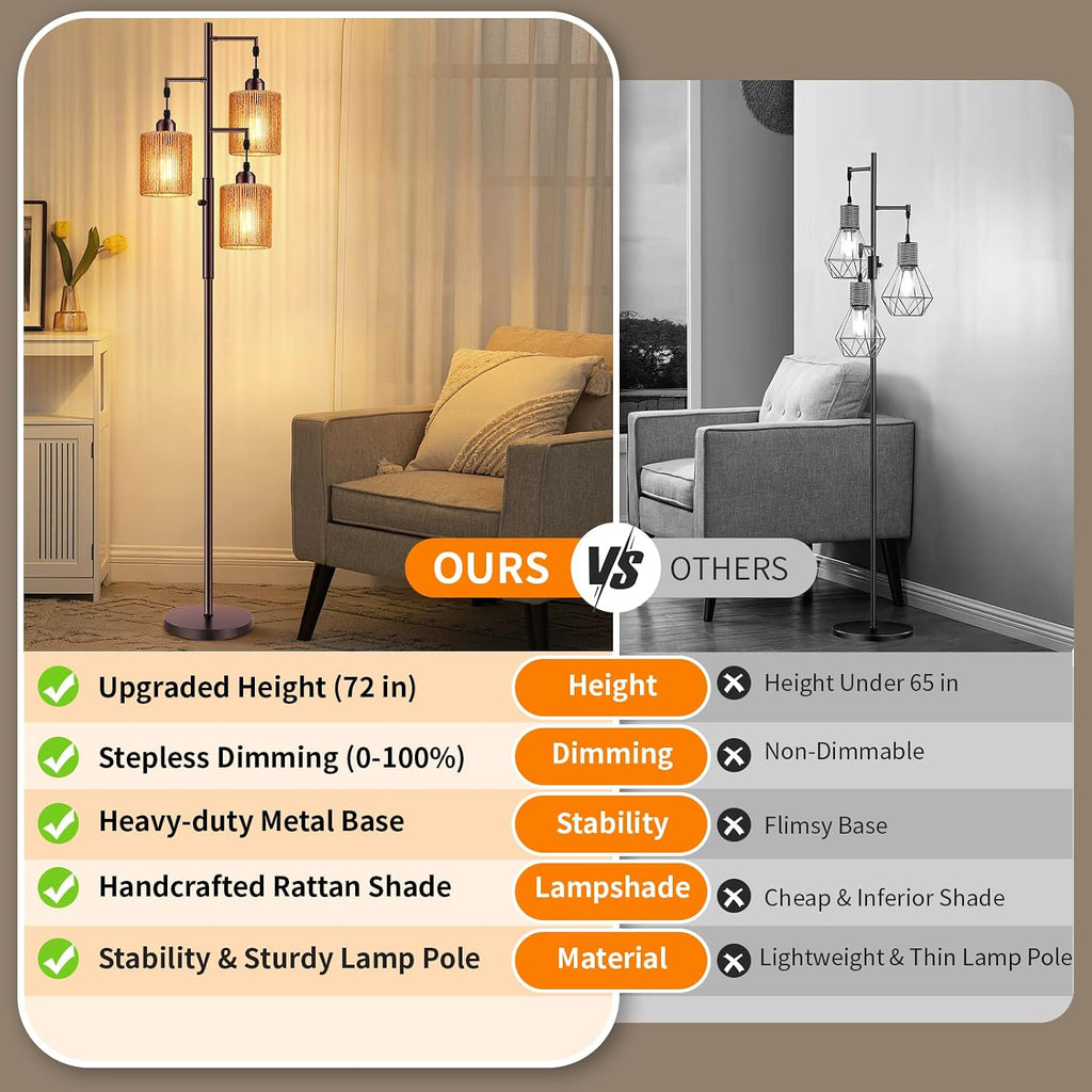 Hotsonic 72" Tall Boho Rattan Style Floor Lamp with Hand-Woven Paper Cord Shade, Dimmable Industrial Tree Standing Lamp for Living Room…