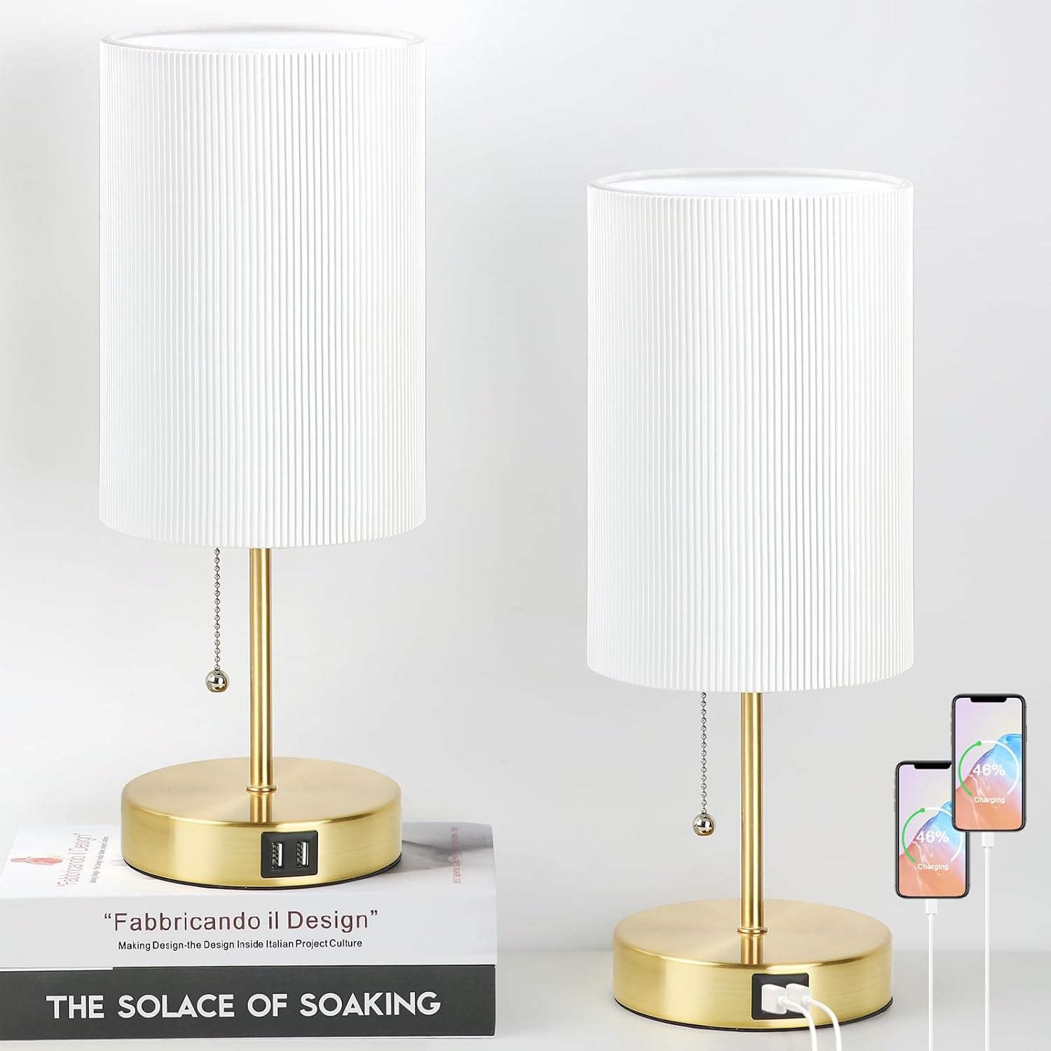 Lakumu 2 Sets Table Lamps with 2 USB, Minimalist Beside Lamps for Bedroom, Nightstand Lamp with Pull Chain, Desk Lamps with White Pleated…