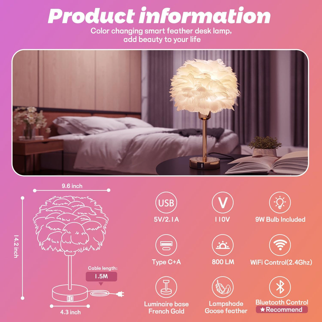 Smart Touch Control Bedside Table Feather Lamp Night Light with USB Charging for Girl, Baby, Alexa Voice Compatible, 9W 800LM Dimmable…