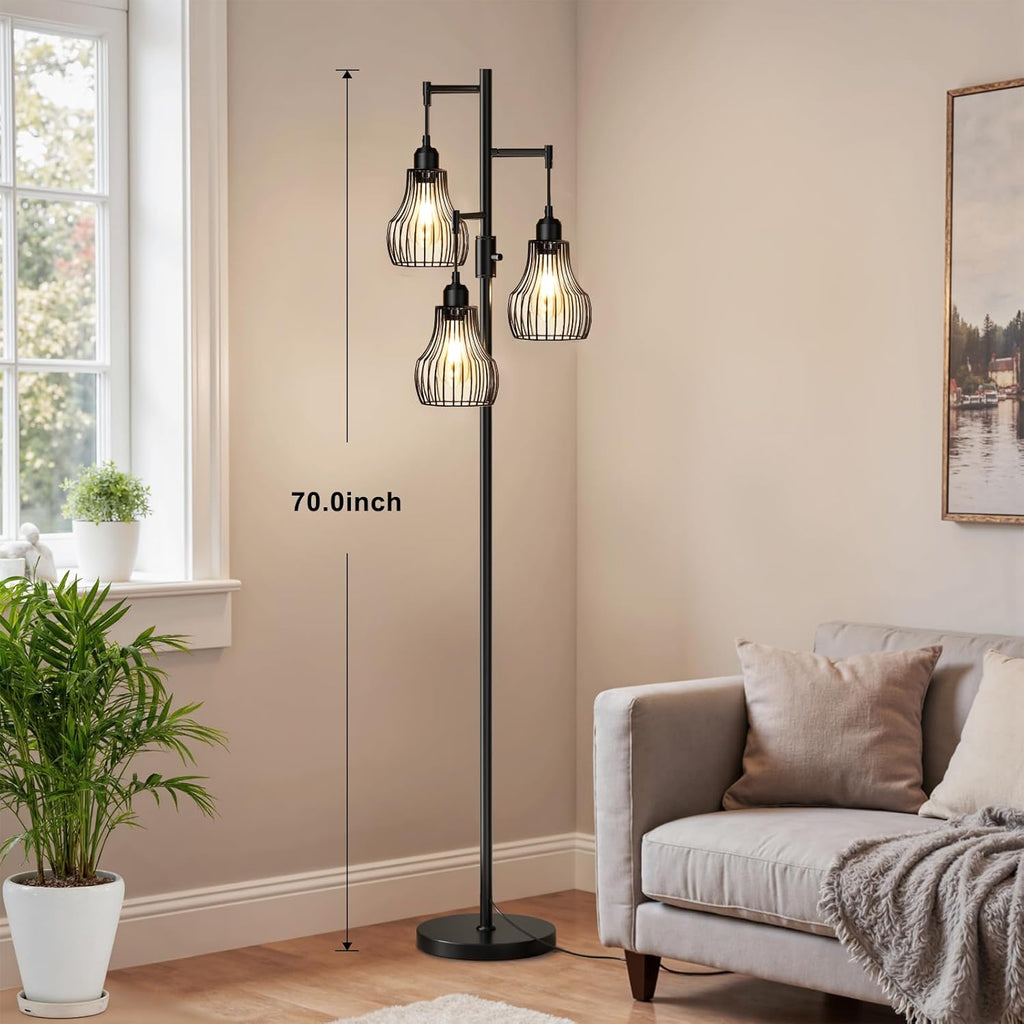 Ziisee Dimmable Floor Lamp, 3 x 800LM LED Edison Bulbs Included, Farmhouse Industrial Floor Lamp Standing Tree Lamp with Elegant Cage…