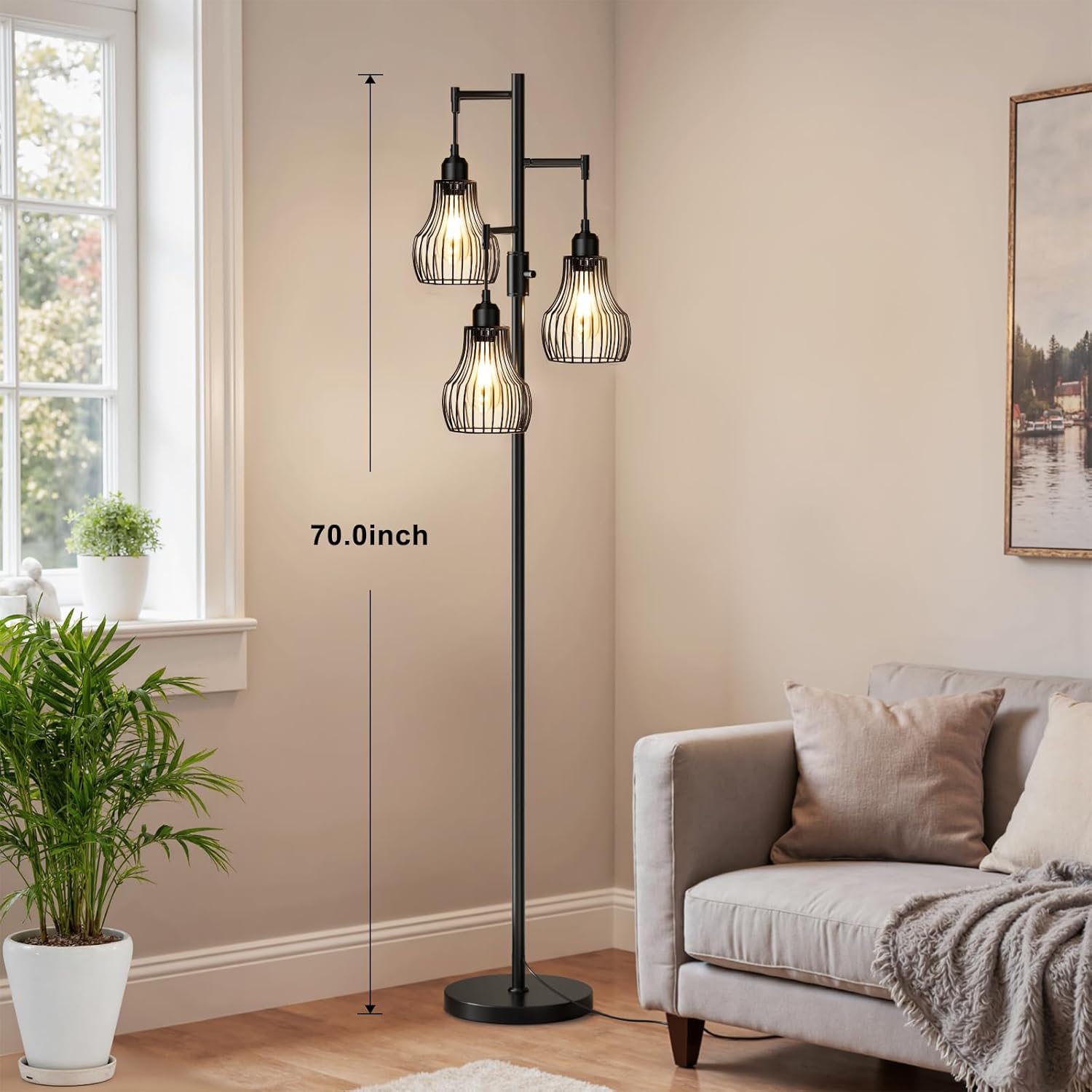 Ziisee Dimmable Floor Lamp, 3 x 800LM LED Edison Bulbs Included, Farmhouse Industrial Floor Lamp Standing Tree Lamp with Elegant Cage…
