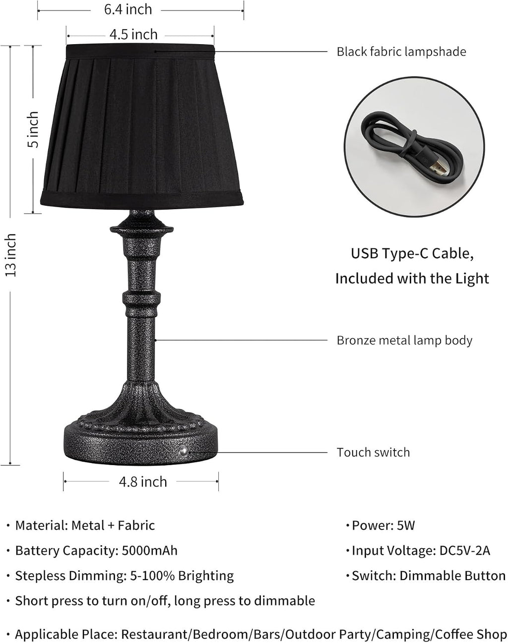 KDG Cordless Portables Table Lamp Set of 2, LED Fabric Shade Small Desk Lamps, 5000mAh Battery Powered Lighting, 2700K Stepless Dimmable…