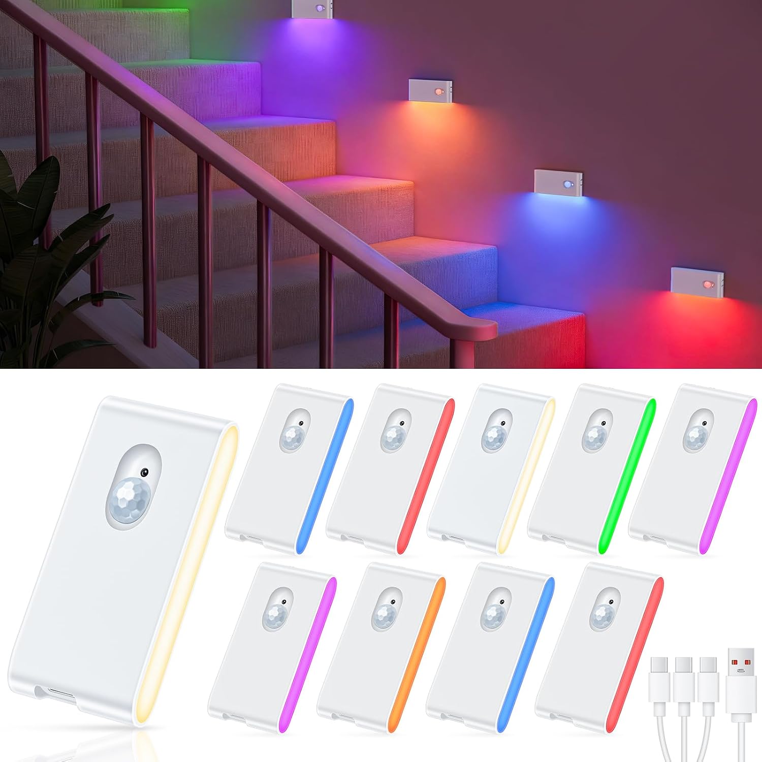 Willed Motion Sensor Night Light, RGB & Warm White Stair Lights Indoor, Rechargeable Color Changing Night Light, Wireless Motion Sensor Lig…