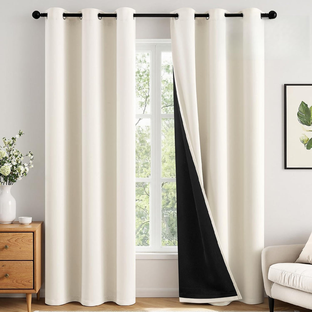 Miulee Cream 100% Blackout Curtains for Bedroom 84 Inch Long, 2 Thick Layers Thermal Insulated Black Out Window Curtains with Black Liner,…