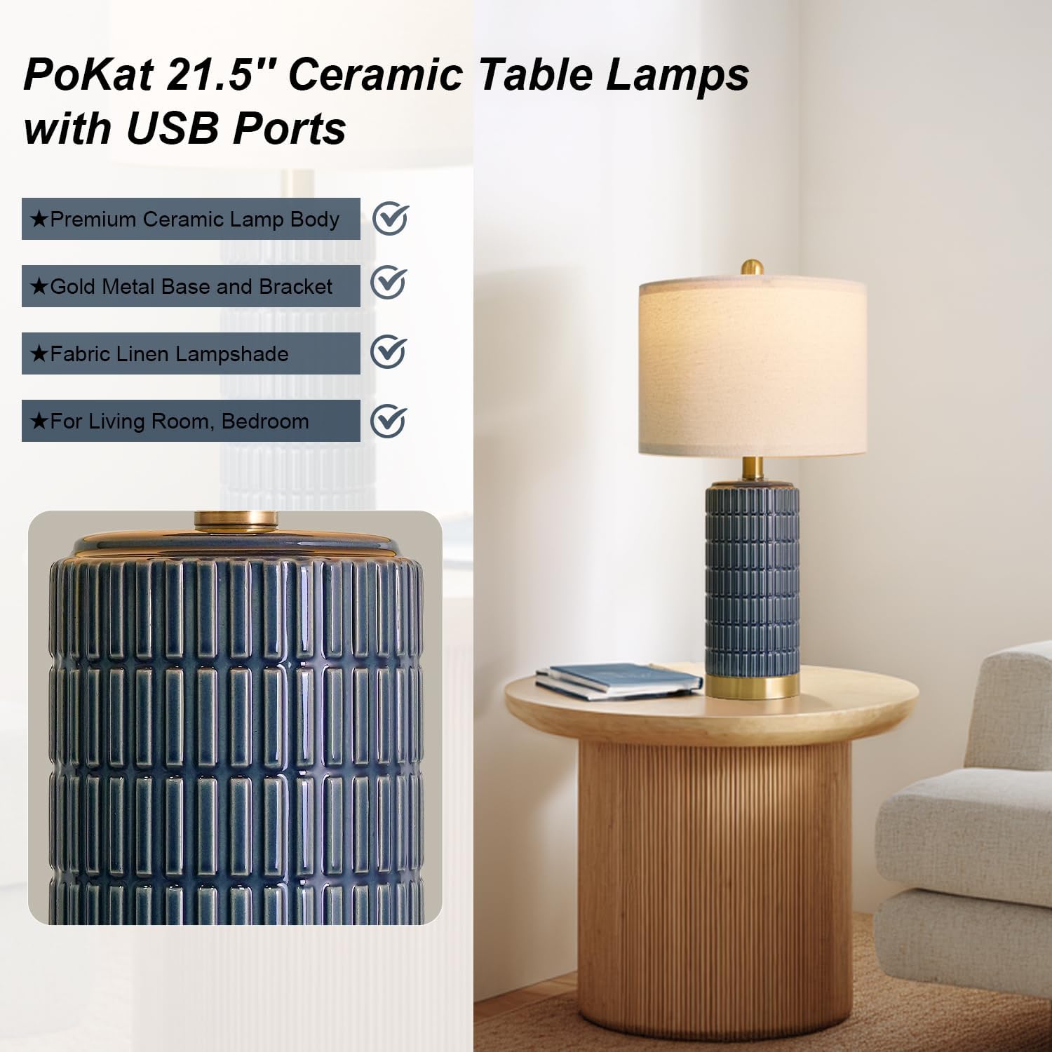 PoKat 21.5'' Bedside Table Lamps Set of 2 with USB A+C Ports for Living Room, Ceramic Modern Lamps for Bedroom, Small Nightstand Lamps…
