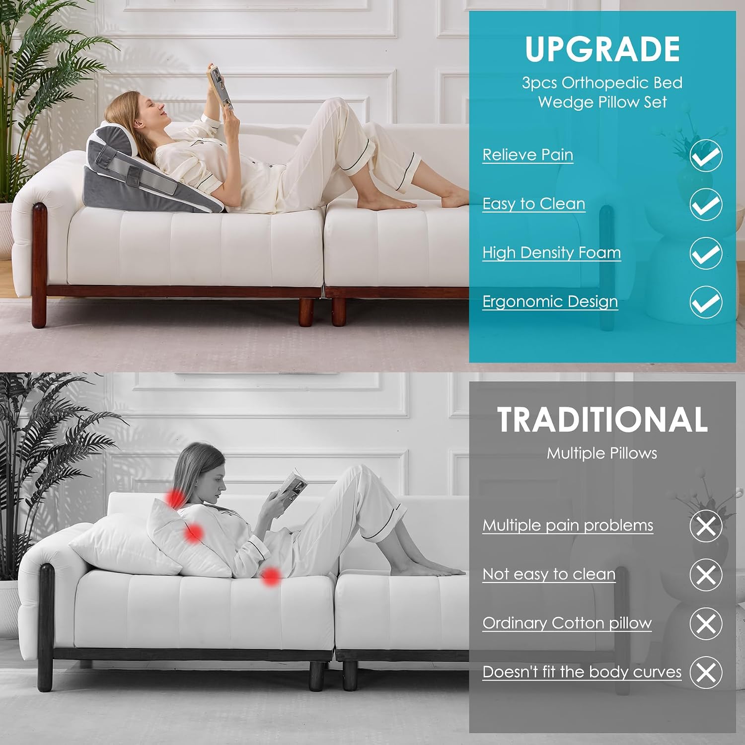 Wgakced 3Pcs Wedge Pillow Set for After Surgery, Acid Reflux Relief, Adjustable Bed Wedge Pillows for Sleeping, Anti Snore, Memory Foam Trian…