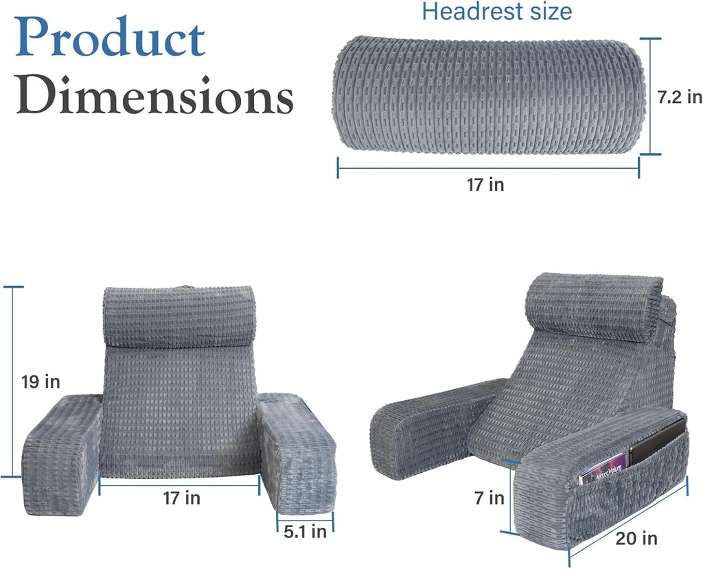 Reading Pillow for Bed, 19" Back Pillow for Bed Sitting up, Big Pockets & Built-in Arms, Backrest Cushion, Wedge Support for…