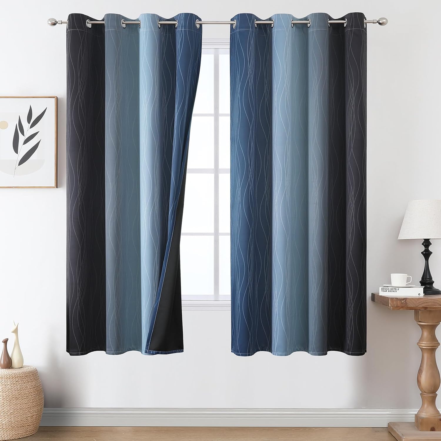 Estelartextiler Estelar Textiler Navy Blue and Black Ombre Blackout Curtains 63 Inch Length 2 Panels Set, Full Room Darkening Grommet Curta…