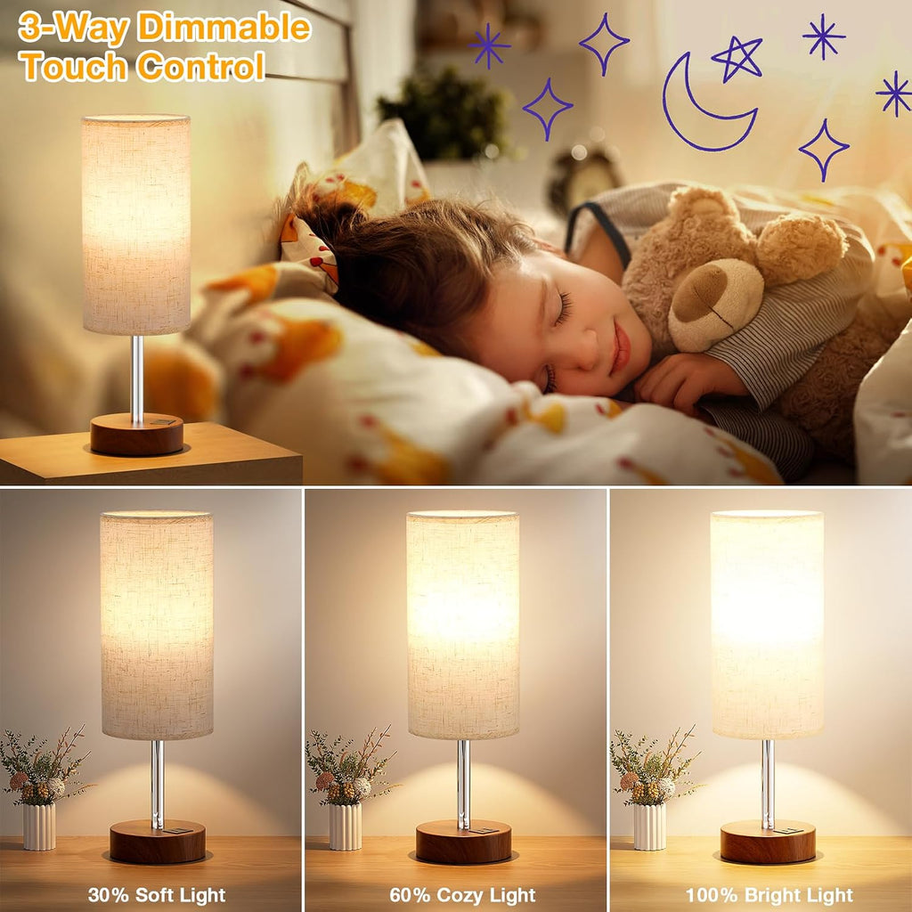 Dicoool Touch Bedside Table Lamp with USB - 3 Way Dimmable Redwood Lamps for Bedroom Nightstand, Desk Lamp with Charging Station for…