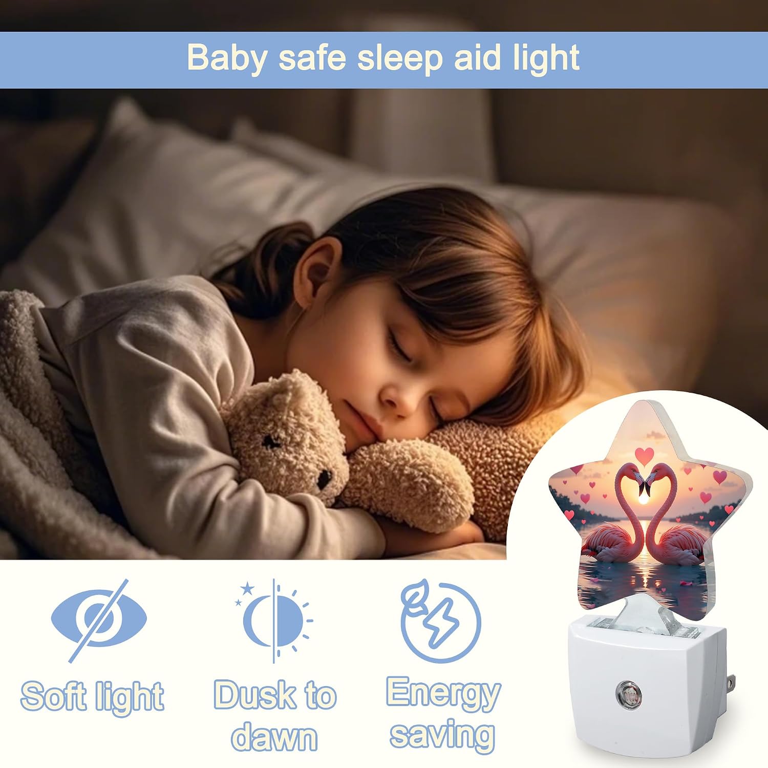 Snowmolle Beach Flamingos Night Lights Plug Into Wall, Romantic Love Heart Star Night Light for Kids, Nightlight with Dusk to Dawn Smart Sens…