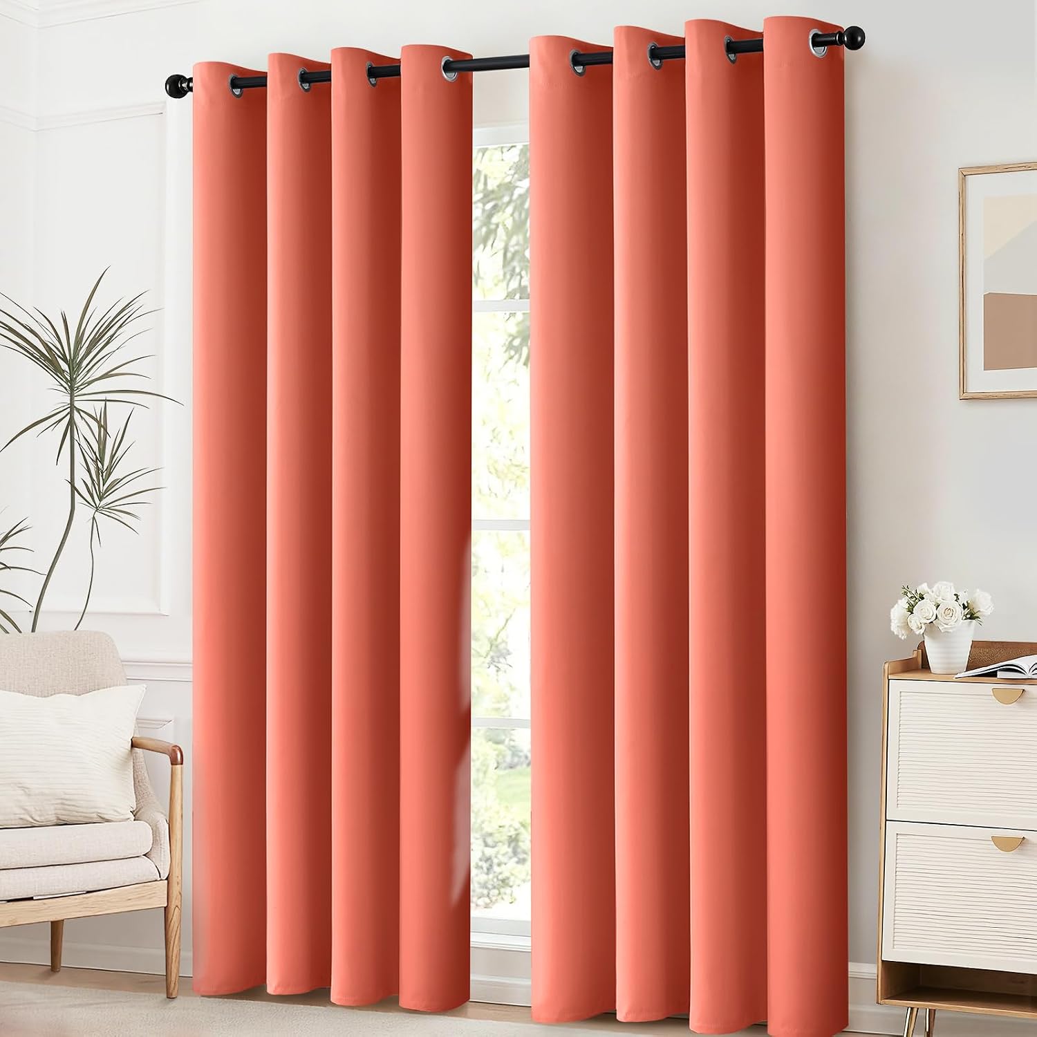 Yakamok Curtains 63 Inch Length Coral Orange Room Darkening Blackout Thermal Insulated Drapes Solid Grommet Top Window Curtain Panels for…