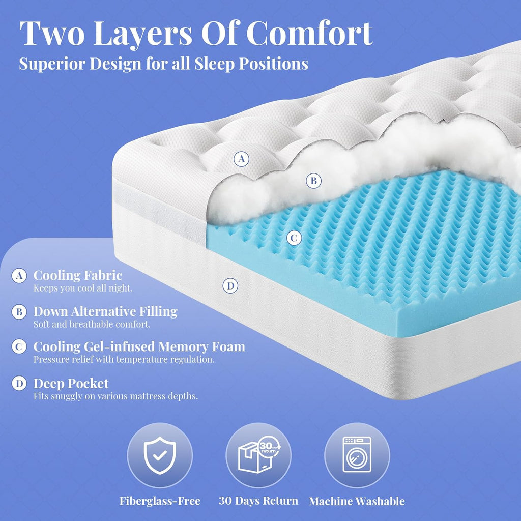 OhGeni Cooling 5 Inch Twin Size Dual Layer Mattress Topper, 3 Inch Egg Crate Gel Memory Foam, 2 Inch Soft Pillow Top Pad, Bedroom Cover for…