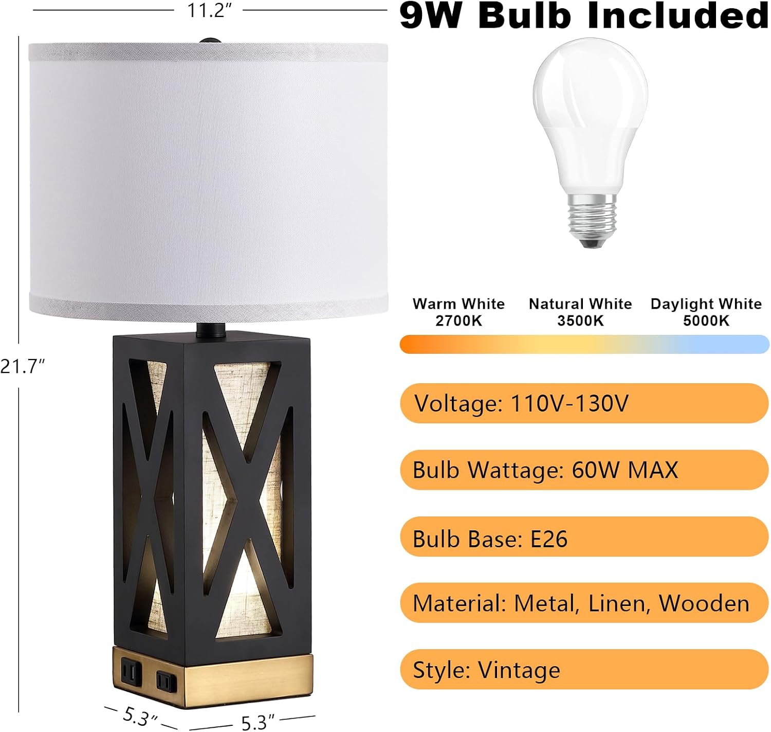 Set of 2 Wood Table Lamp with 3 Color Temperatures, Nightstand Table Lamp with AC Outlet, USB A & C Charging Port, Bedside Lamps for…