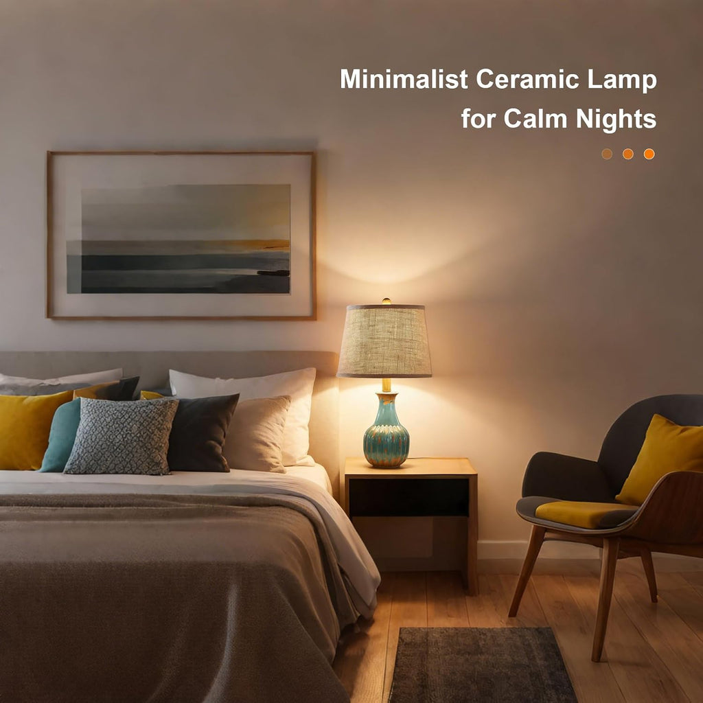 Blue Ceramic Table Lamp for Living Room Bedroom, Modern Minimalist Nightstand Desk Lamp with Linen Fabric Shade for Bedside Entryway Home…