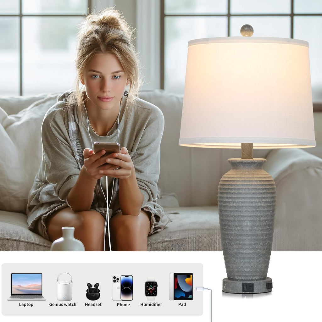 CINSARY 25" Grey Farmhouse Jar Table Lamps, 3 Way Touch Control Rustic Bedside Lamps with USB A+C Ports & AC Outlet, Pot Nightstand Lamps…