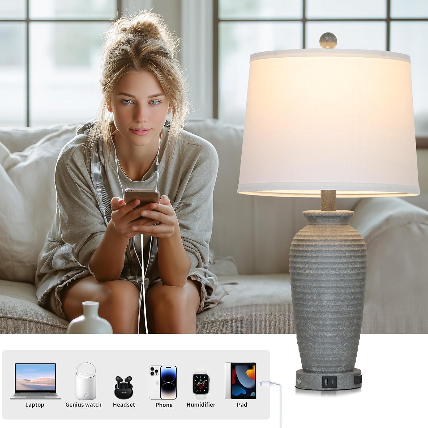 CINSARY 25" Grey Farmhouse Jar Table Lamps, 3 Way Touch Control Rustic Bedside Lamps with USB A+C Ports & AC Outlet, Pot Nightstand Lamps…