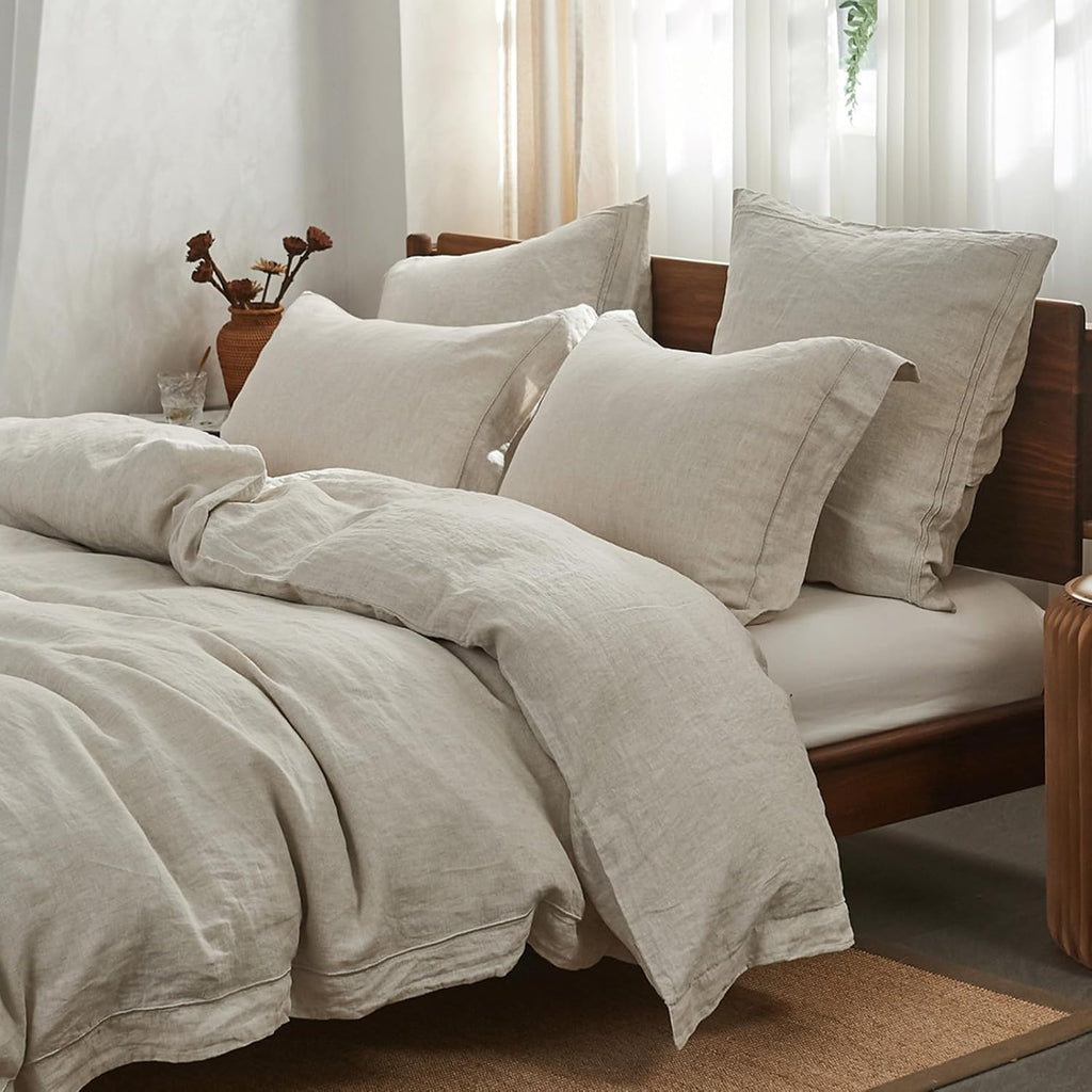 Simple&Opulence 100% Washed Linen Duvet Cover with Embroidered,3 Pieces Soft Farmhouse Comforter Set with Button Closure,1 D…