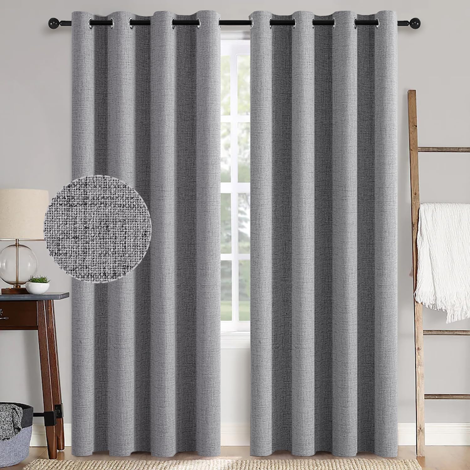Miulee Linen Texture Curtains for Bedroom Solid 100% Blackout Thermal Insulated Grey Curtains Grommet Room Darkening Drapes Luxury Decor fo…
