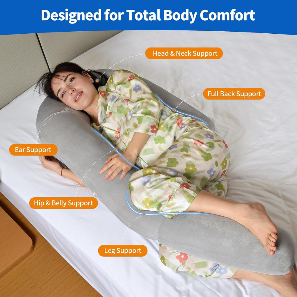 Pozico U-Shaped Full Body Pillow for Side Sleepers – 51-Inch Cooling Pregnancy Pillow with Ear Piercing Design for Neck, Back, and Hip Supp…