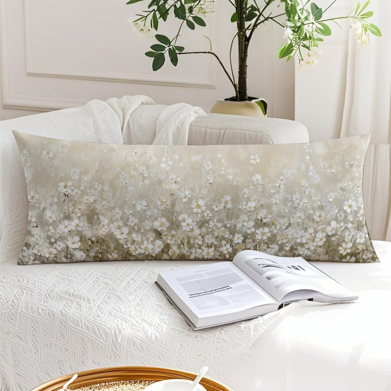 Vintage White Flower 20x54 Body Pillow Cover, Floral Room Decor, Botanical Decor, Abstract Modern Nature Wildflower Botanical Decorative…
