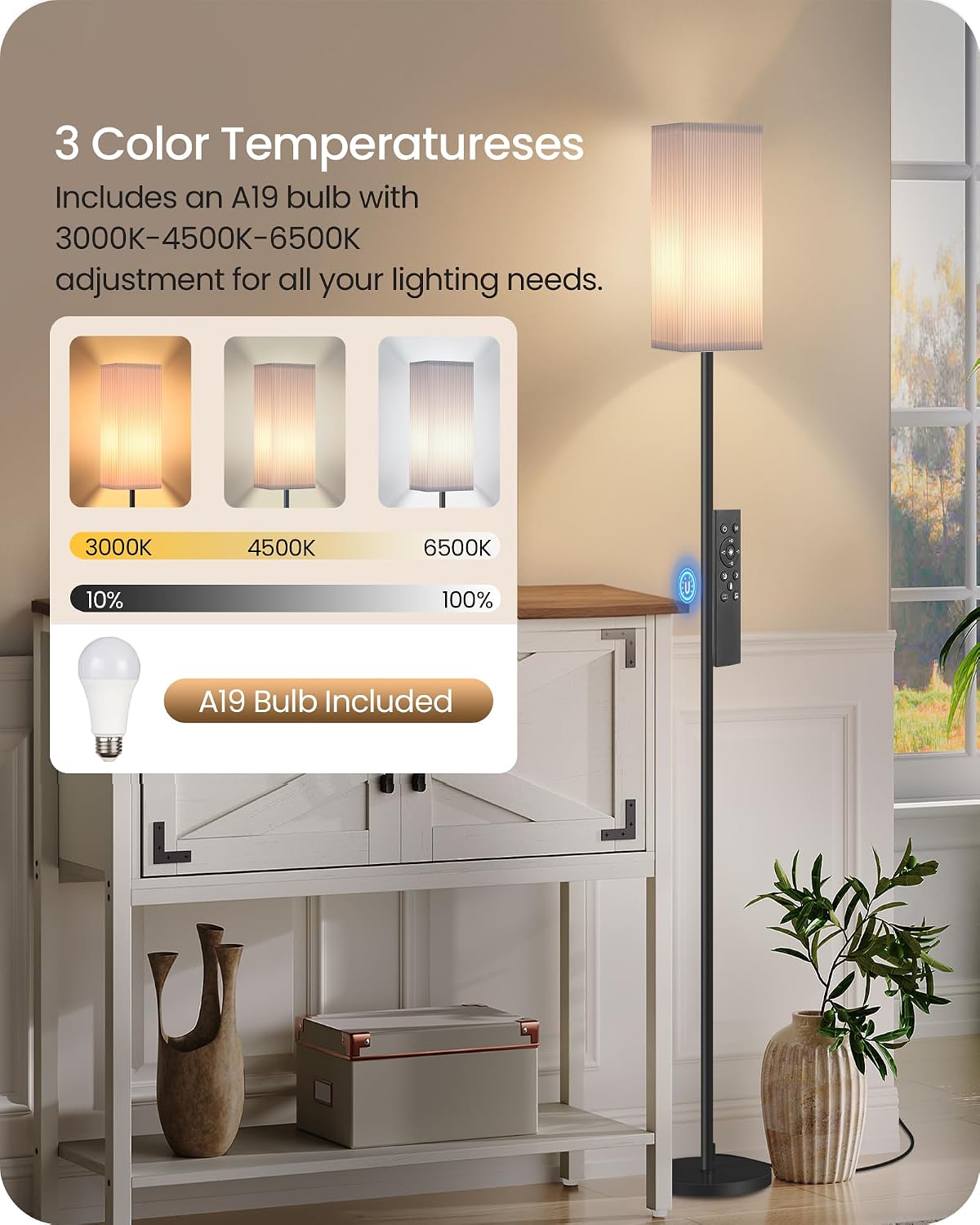 2Pack 64.2” Dimmable Floor Lamp for Living Room with Remote & Foot Switch, Corner Floor Lamp for Bedroom, Includes A19 Bulb, Modern…