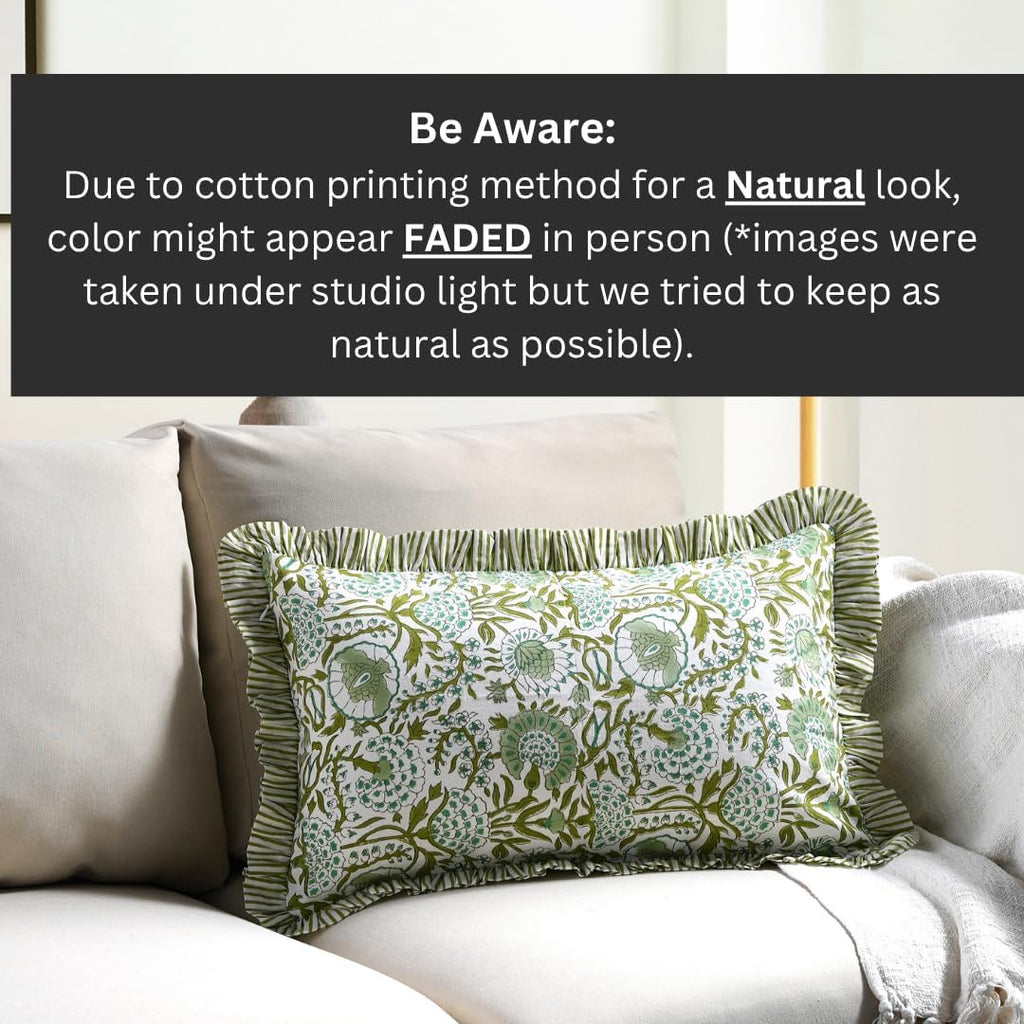 Cottonprintclub CPC Hand Block Print Agate Green Ruffle Sham Pillow Cover 20" x 12" inch Hidden Zipper Decorative Pillowcase for Couch, Bed…