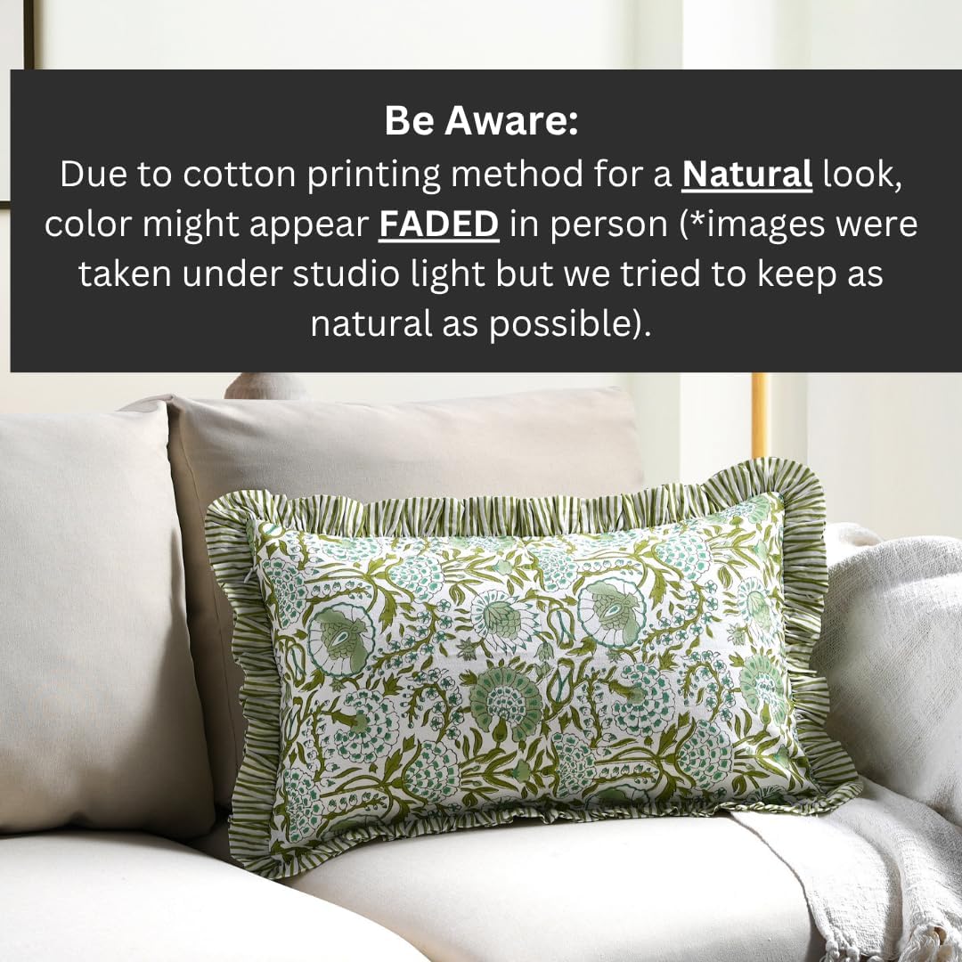 Cottonprintclub CPC Hand Block Print Agate Green Ruffle Sham Pillow Cover 20" x 12" inch Hidden Zipper Decorative Pillowcase for Couch, Bed…