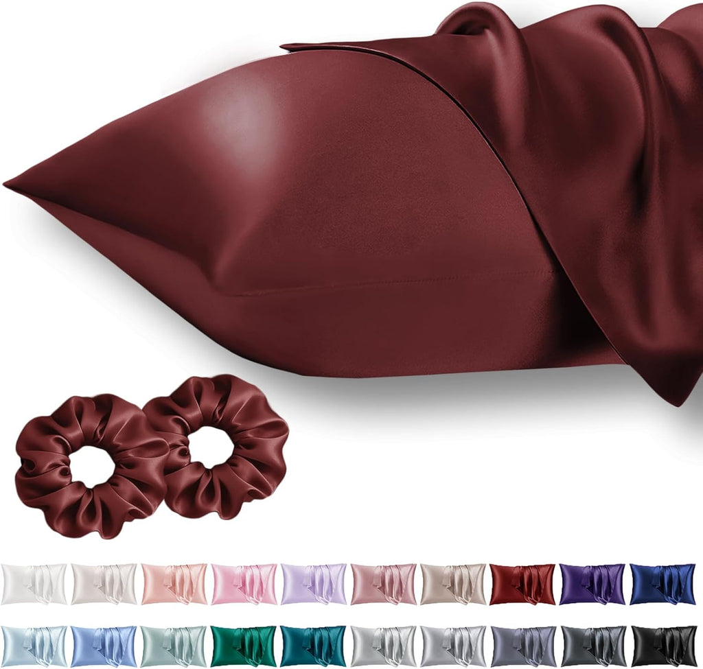 Vielit King Satin Pillowcase for Hair 2pc, Similar to Silk Pillow Cases, for Women Men, Burgundy,20x36 & Envelope Closure and 2 Satin Scrunch…
