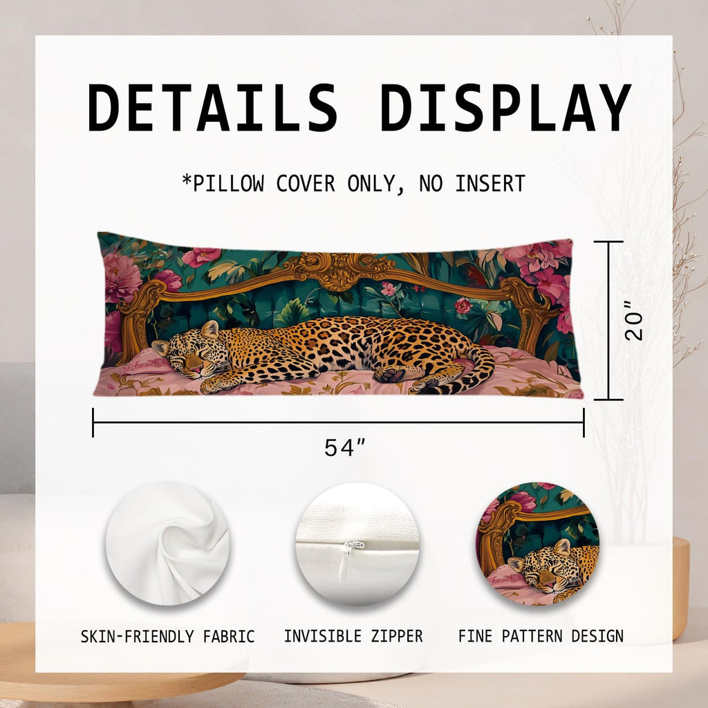 Vintage Leopard Floral 20x54 Body Pillow Cover, Cheetah Room Decor, Trendy Retro Sleepy Leopard Pink Flowers Decorative Long Body Pillow…