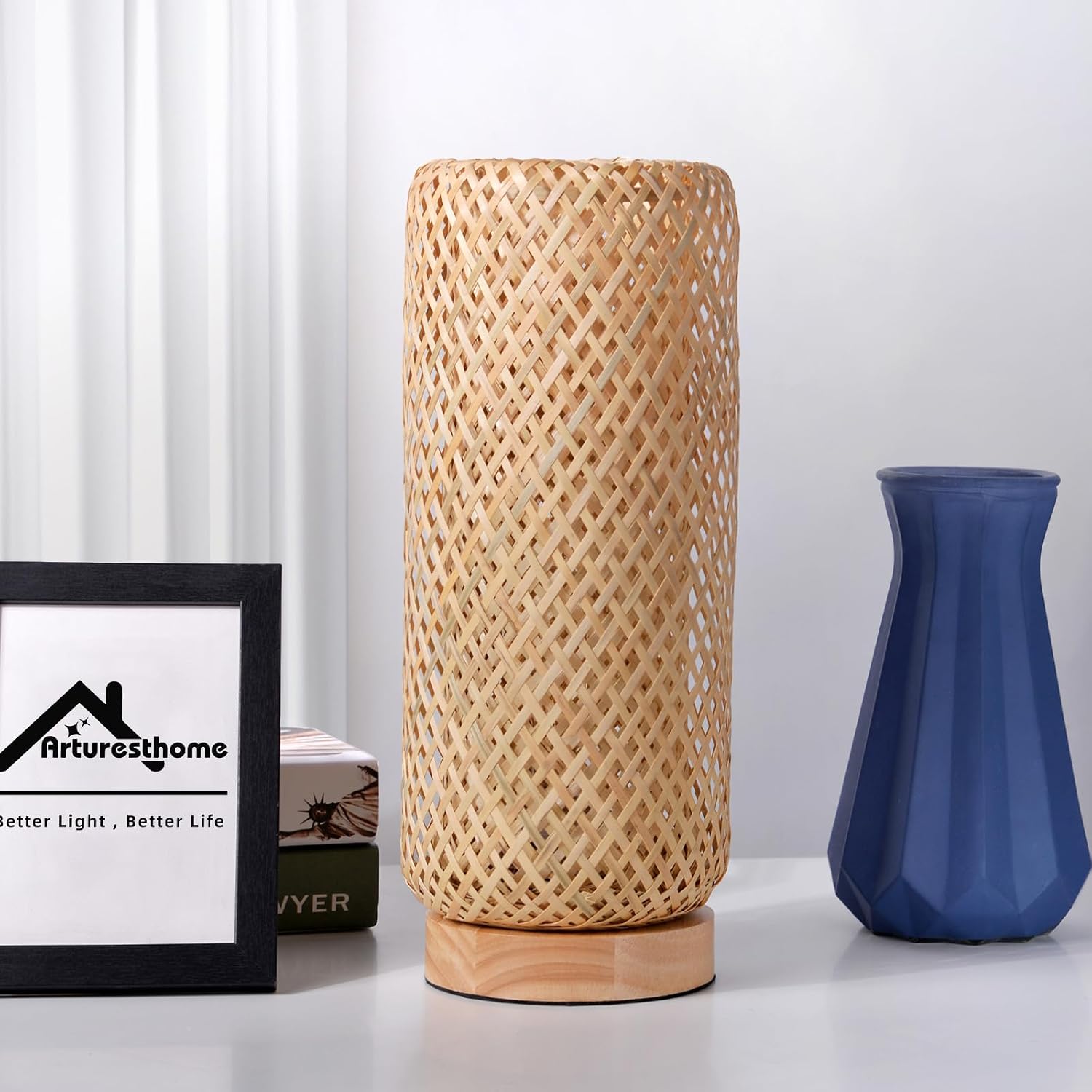 Arturesthome Bamboo Table Lamps with Shade, Rustic Farmhouse Boho Coastal Desk Lamp Night Light for Decorative Bedroom, Study Room, Cafe…