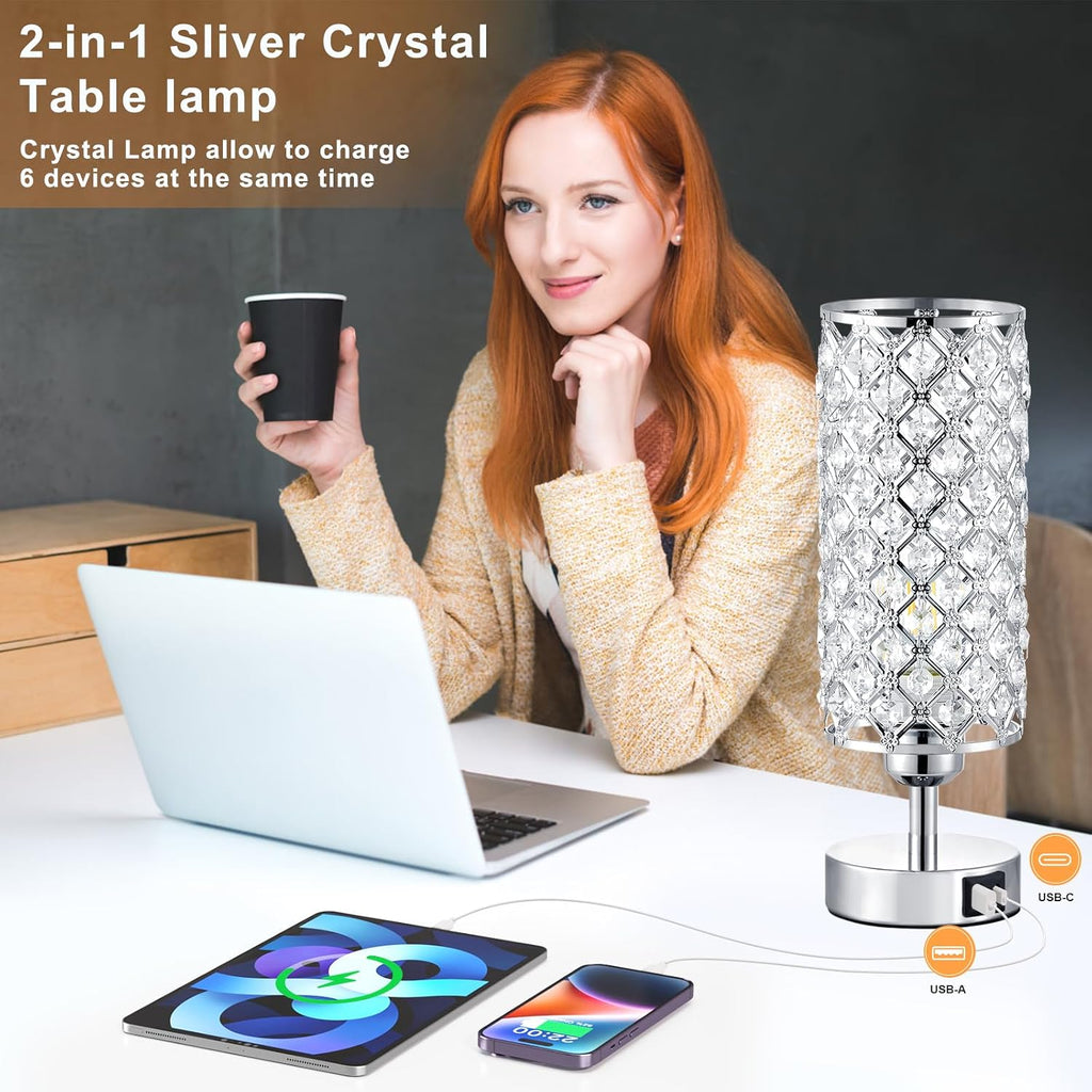 Crystal Touch Lamp with Touch Control, Sliver Table Lamp with USB-C+A Ports, 3 Way Dimmable Bedside Lamp Decorative Modern Nightstand…