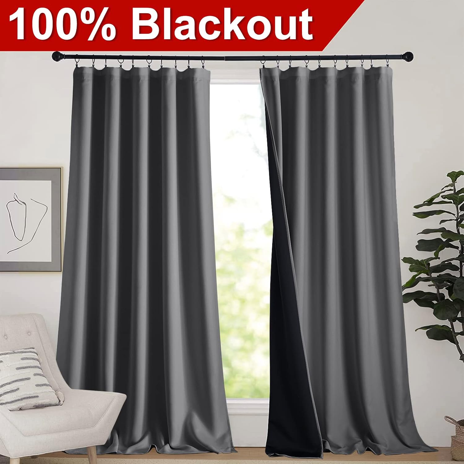 Nicetown Total Shade Curtains and Draperies, Grey Blackout Bedroom Curtains, Heavy-Duty Rod Pocket Drapes with Black Liner Backing for Vill…