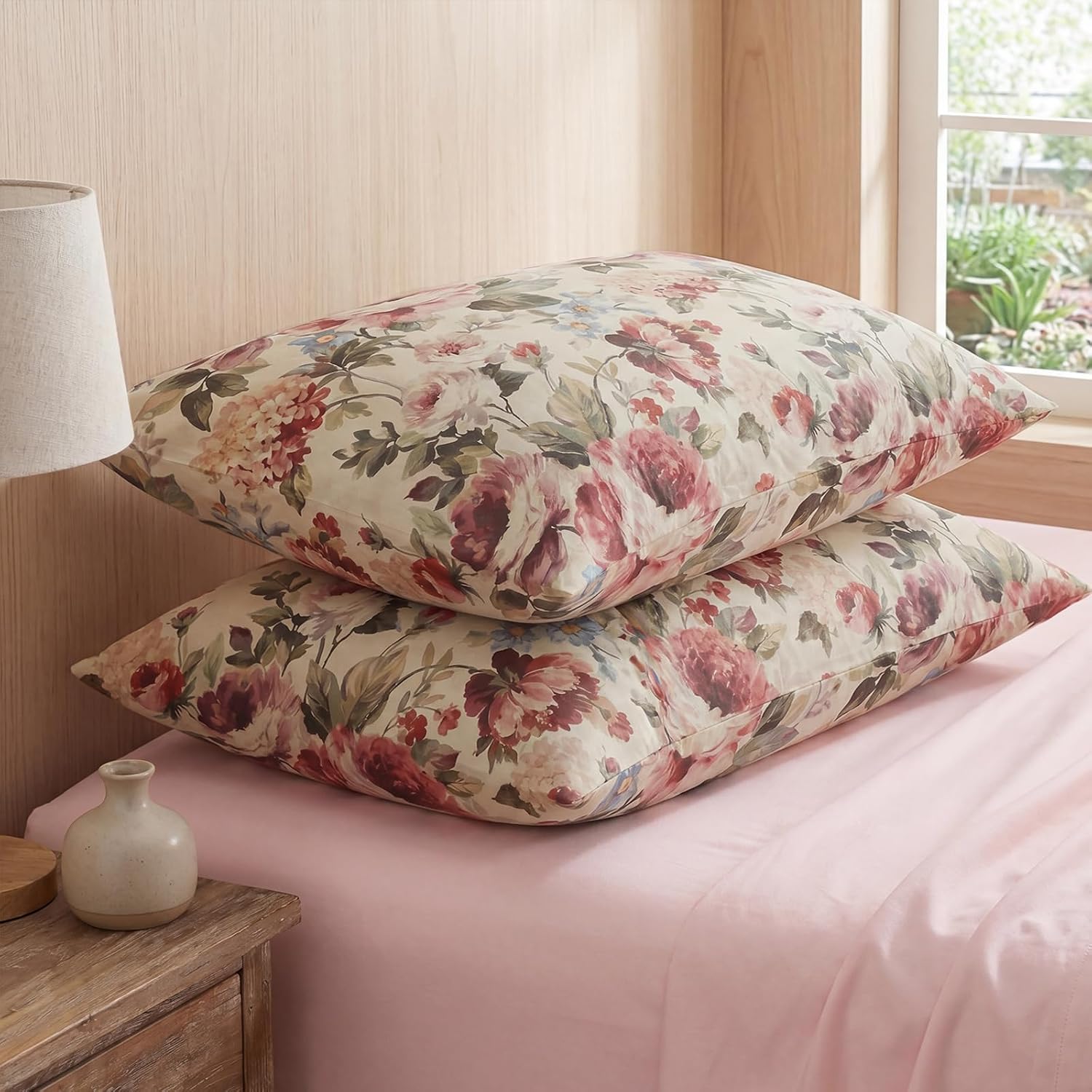 Bedorm Queen Size Pillow Covers Set of 2 Cotton Pillow Case Dark Pink Rose Flower Botanical Print Floral Pillowcases with Pocket Closure De…