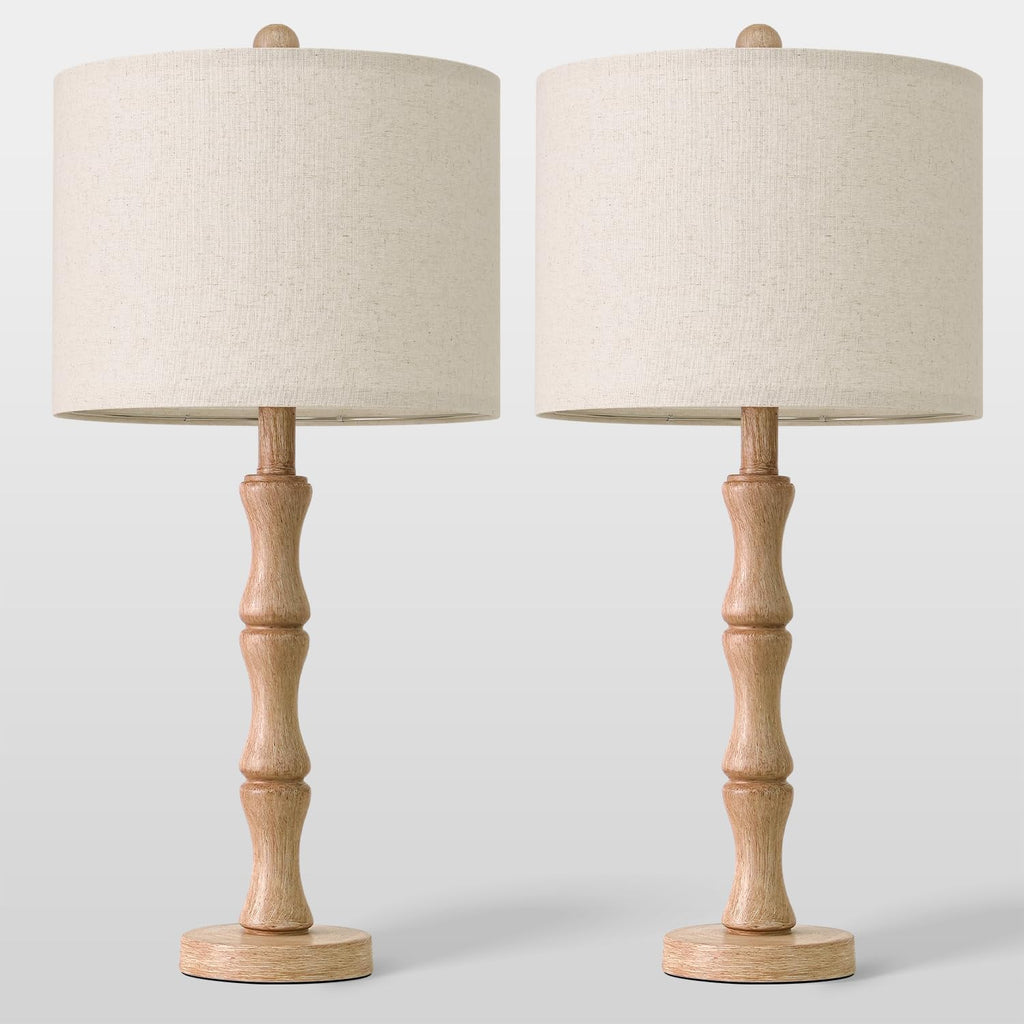 BOBOMOMO 25" Farmhouse Table Lamps Set of 2, Rustic Nightstand Lamps with Wood Grain Resin Base & Linen Shade, Standard Table Lamps for…