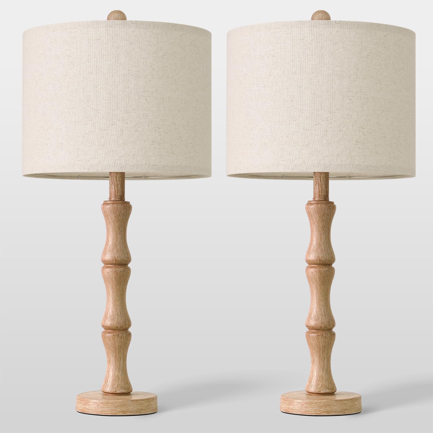 BOBOMOMO 25" Farmhouse Table Lamps Set of 2, Rustic Nightstand Lamps with Wood Grain Resin Base & Linen Shade, Standard Table Lamps for…
