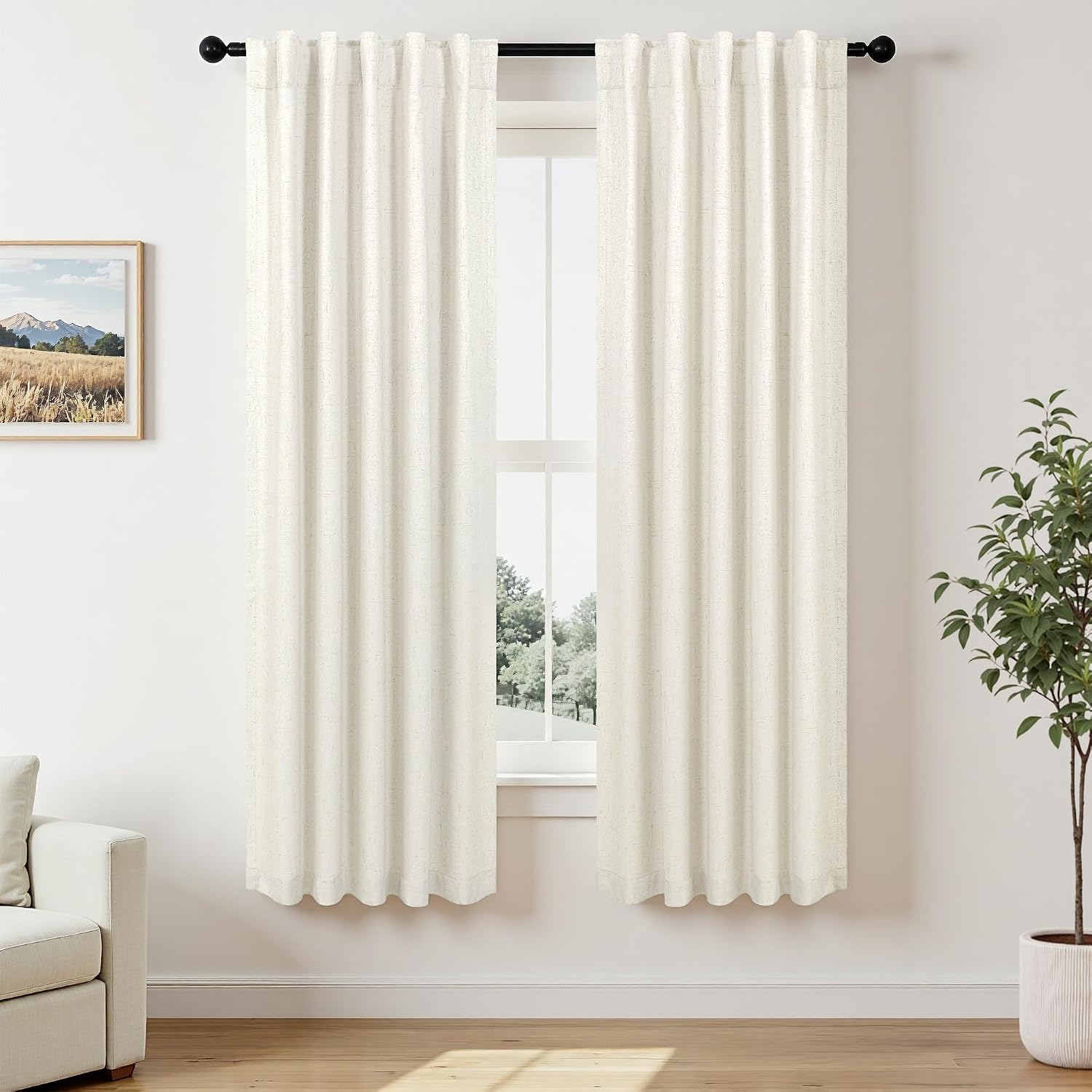Pitalk Natural Cream Linen Blackout Curtains 64 Inch Length 2 Panels for Bedroom Living Room Black Out Linen Textured Window Drape Privacy…