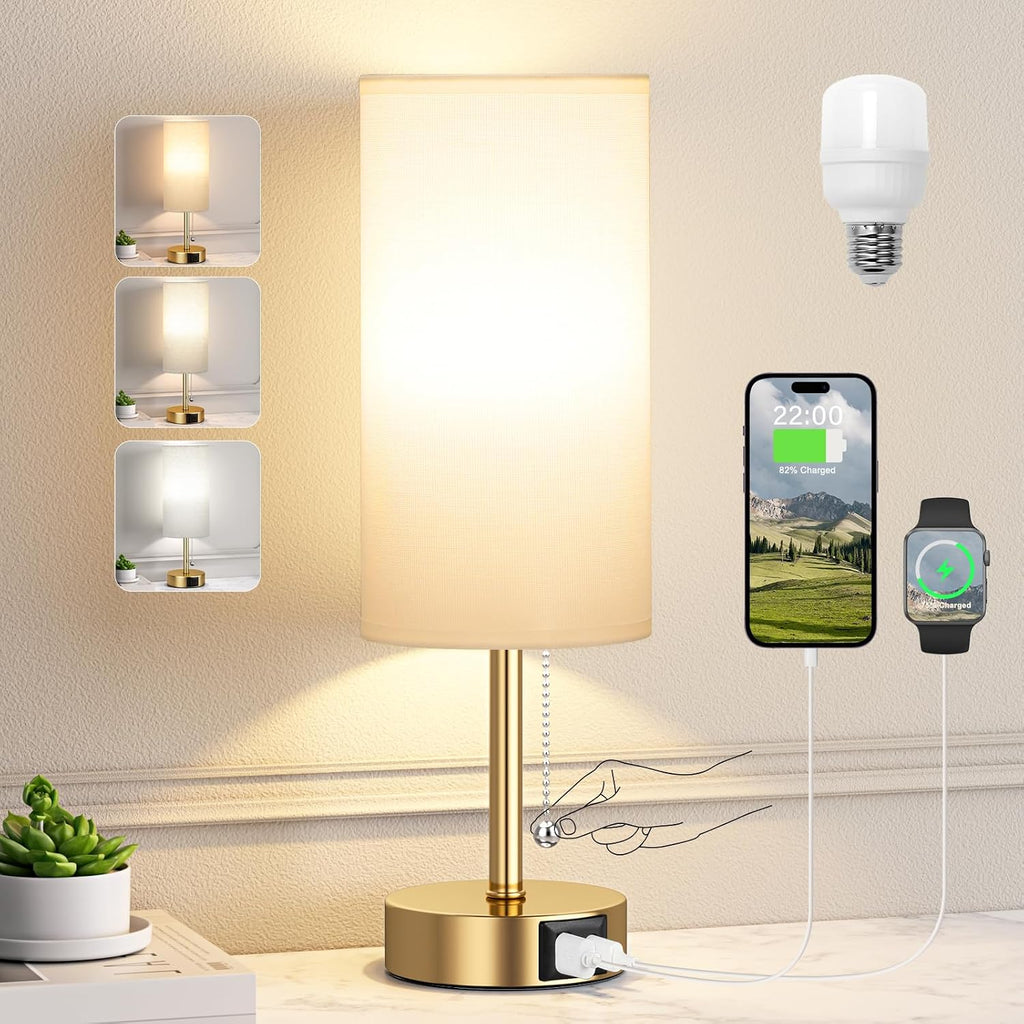 Gold Bedside Lamp for Bedroom Nightstand - Small Table Lamp with USB A + C Charging Port, 3 Color Temperatures Pull Chain Night Stand…