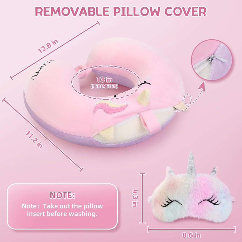 Kids Neck Pillow, Unicorn Kids Travel Neck Pillow for Traveling with Eye Mask, Toddler Travel Essentials for Road Trip Airplane Car Seat…
